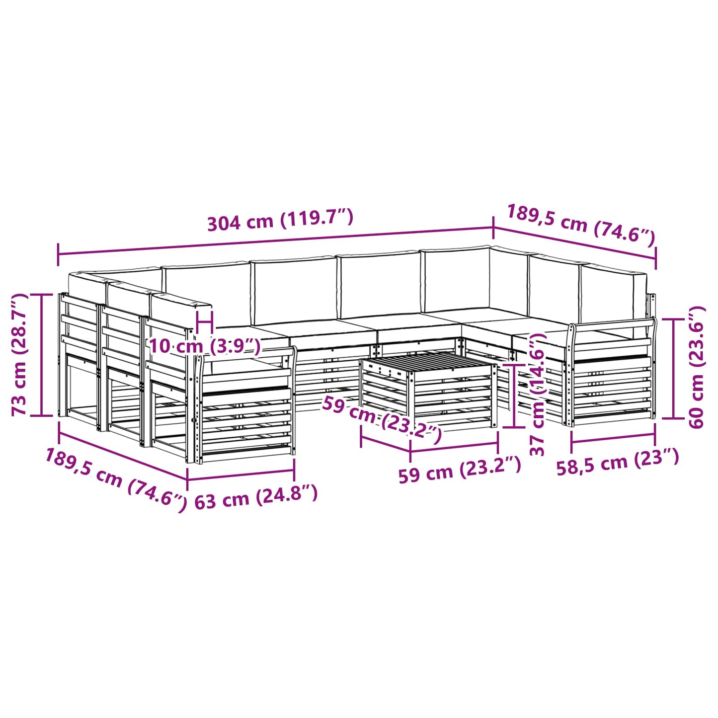 Set divani 10 pcs Naturale e Antracite Legno di Acacia Massello | homemem39