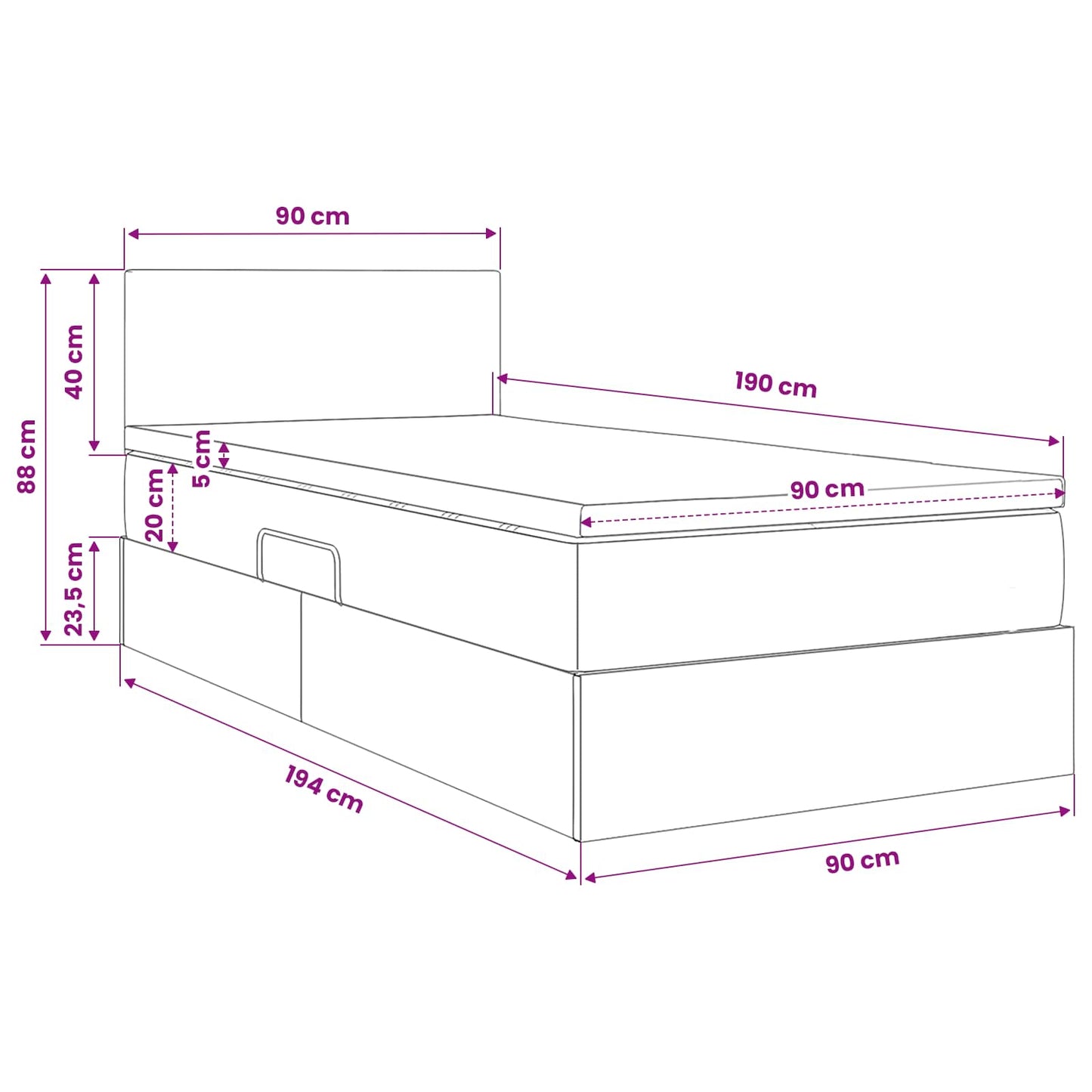 Letto con contenitore e materasso Grigio scuro 90 x 190 cm