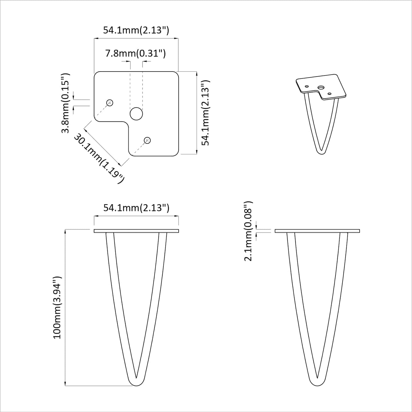 Piedino per mobili 2 pcs Nero 54,1 x 54,1 x 100 mm Ferro | homemem39