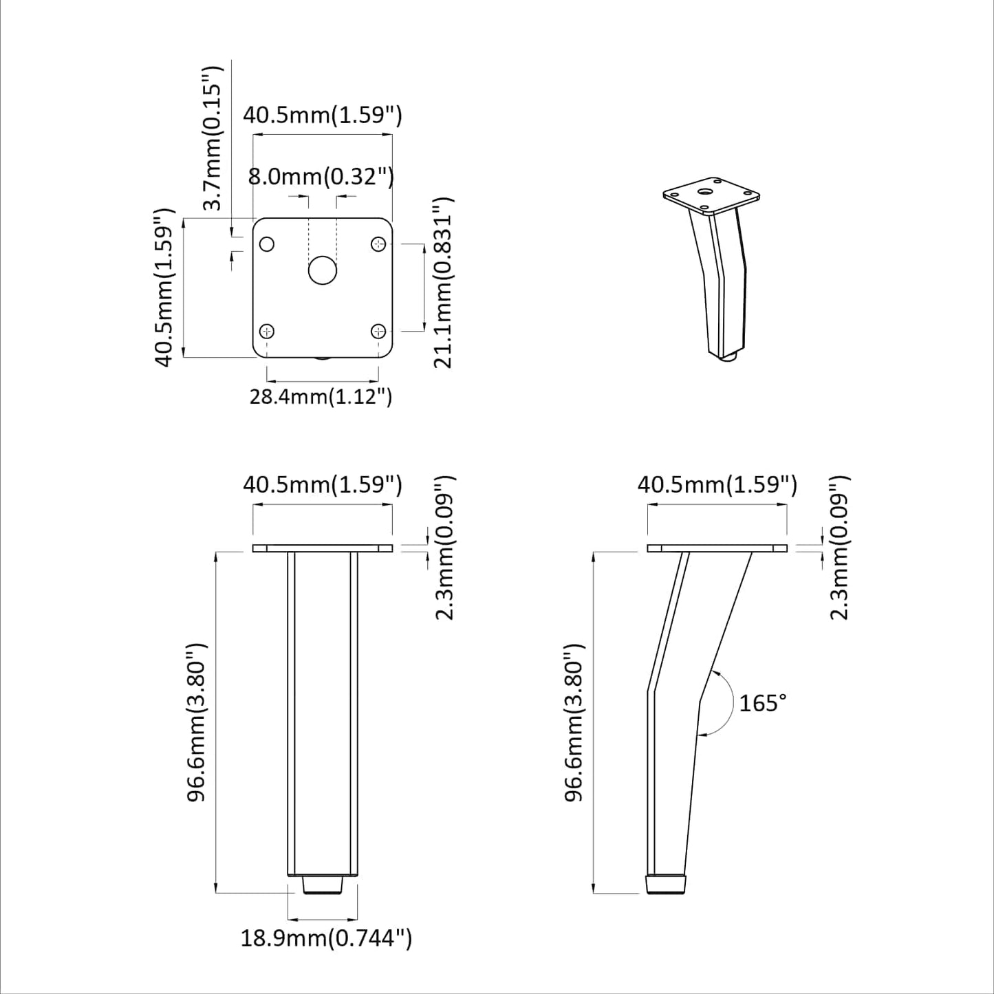 Piedi in piedi 2 pcs Nero 40 x 40 x 100 mm Ferro