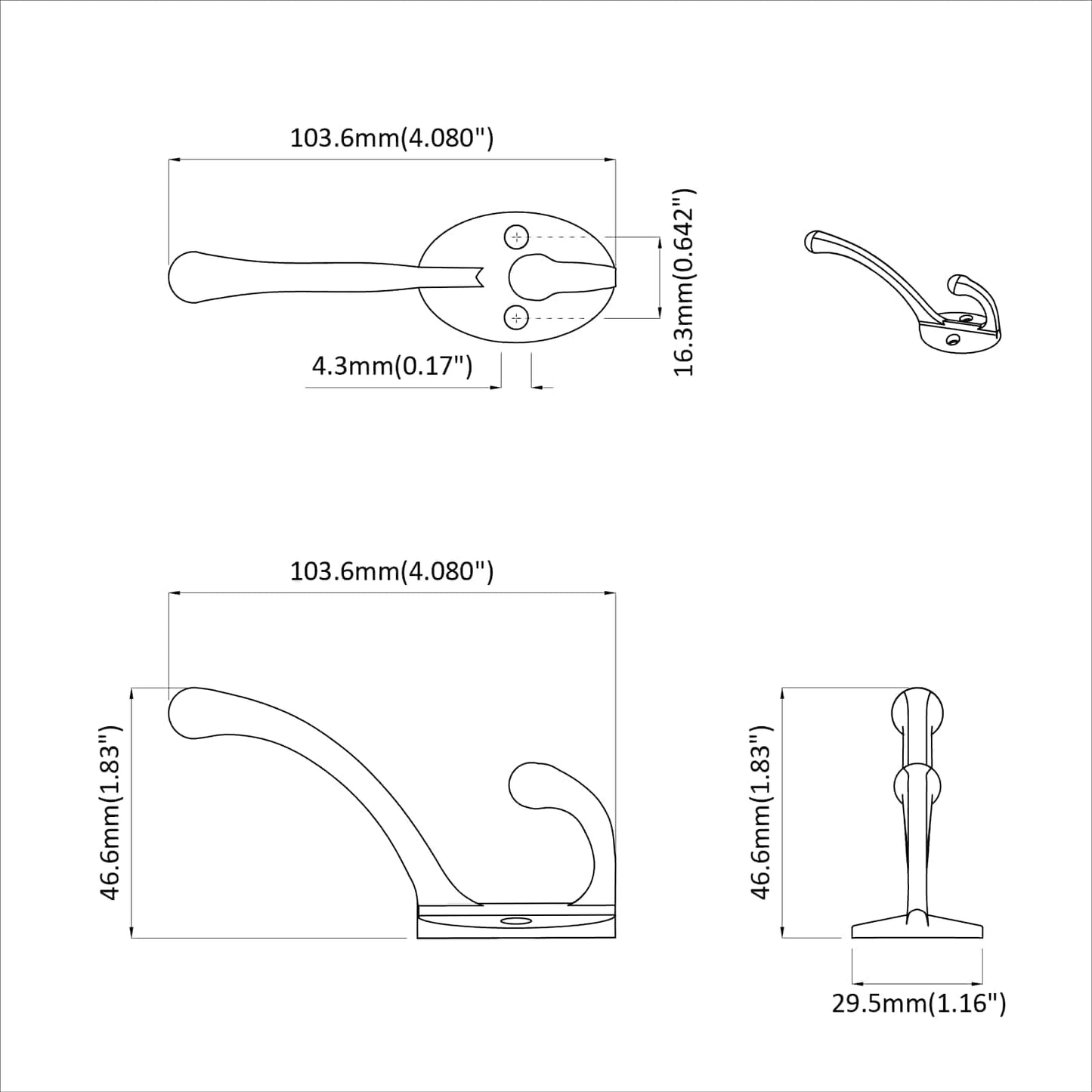 Gancio per vestiti 2 pcs Nero 102 x 29 x 47mm Lega di Zinco