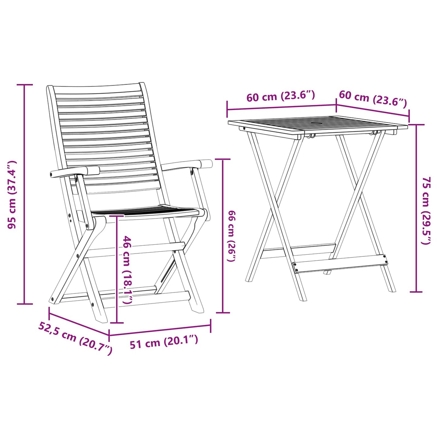 Set Bistro Pieghevole 3 pcs Marrone Legno di Acacia Massello