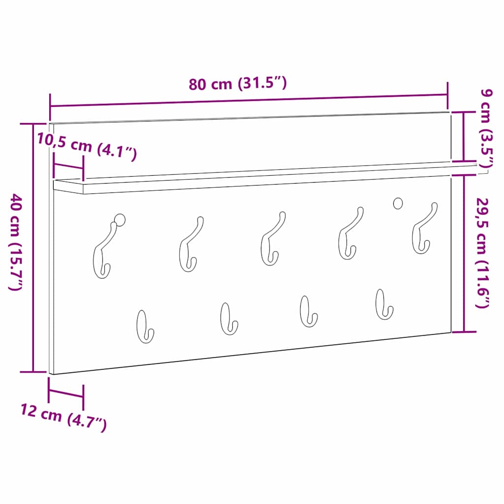 Appendiabiti a muro con lo scaffale Rovere fumé 80 x 40 x 12 cm