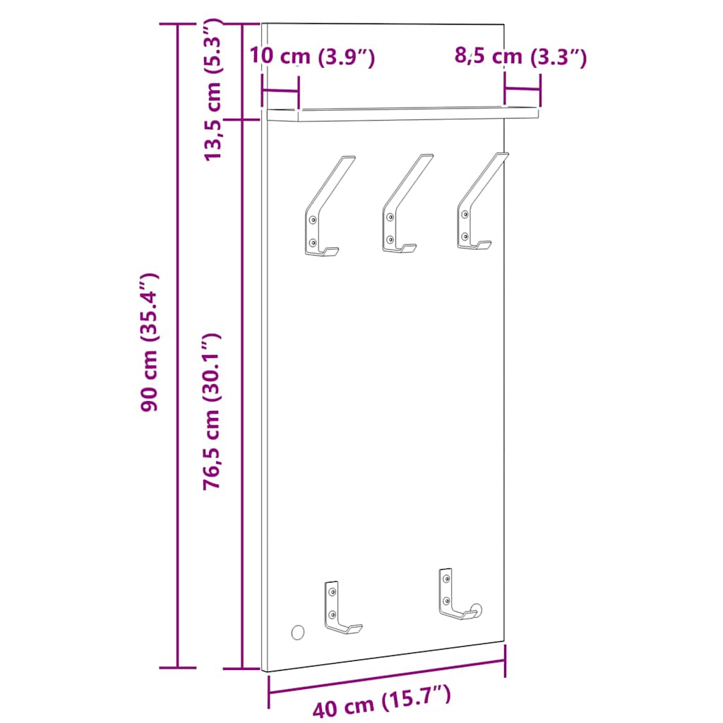 Appendiabiti a muro con lo scaffale Rovere Nero 40 x 10 x 90 cm