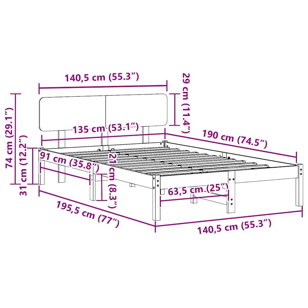 Struttura del letto Bianco 135 x 190 cm Pino massello