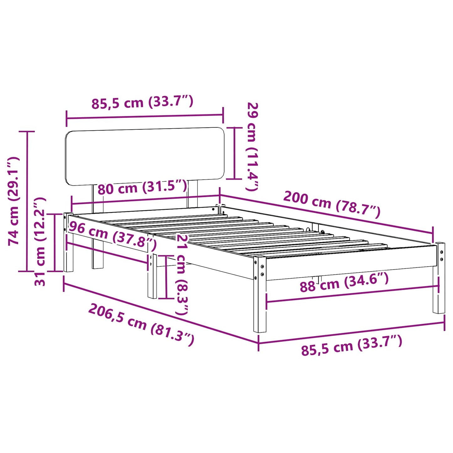Struttura del letto Bianco 80 x 200 cm Pino massello