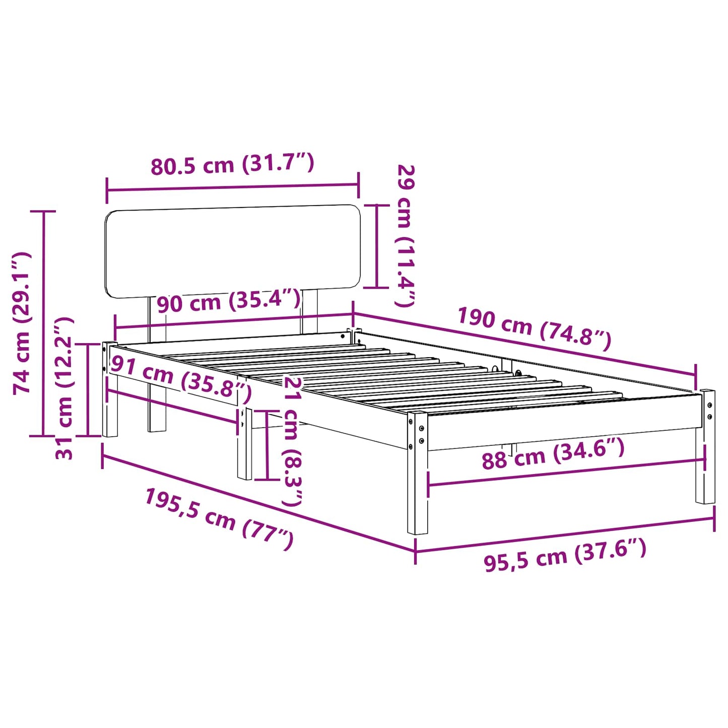Struttura del letto Naturale 90 x 190 cm Pino massello