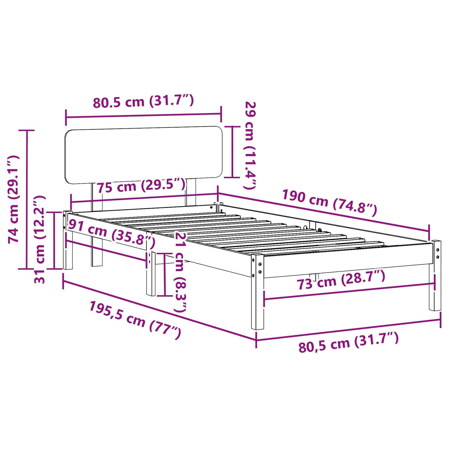 Struttura del letto Marrone cerato 75 x 190 cm Pino massello