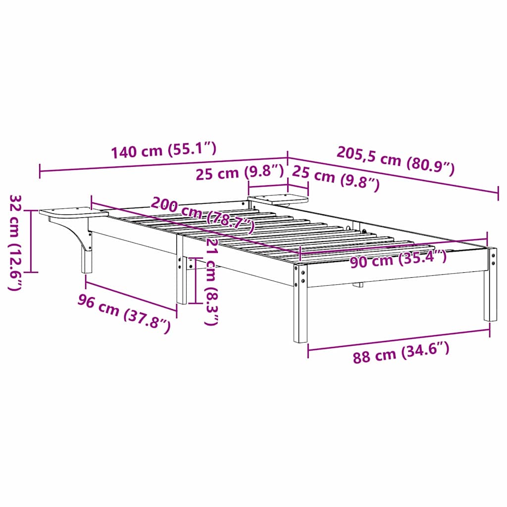 Struttura del letto Bianco 90 x 200 cm Pino massello