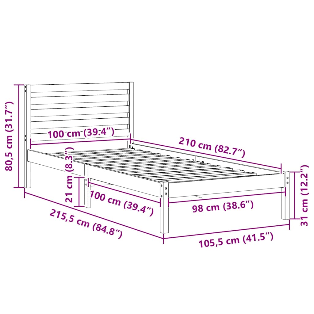 Struttura del letto Marrone cerato 100 x 210 cm Pino massello