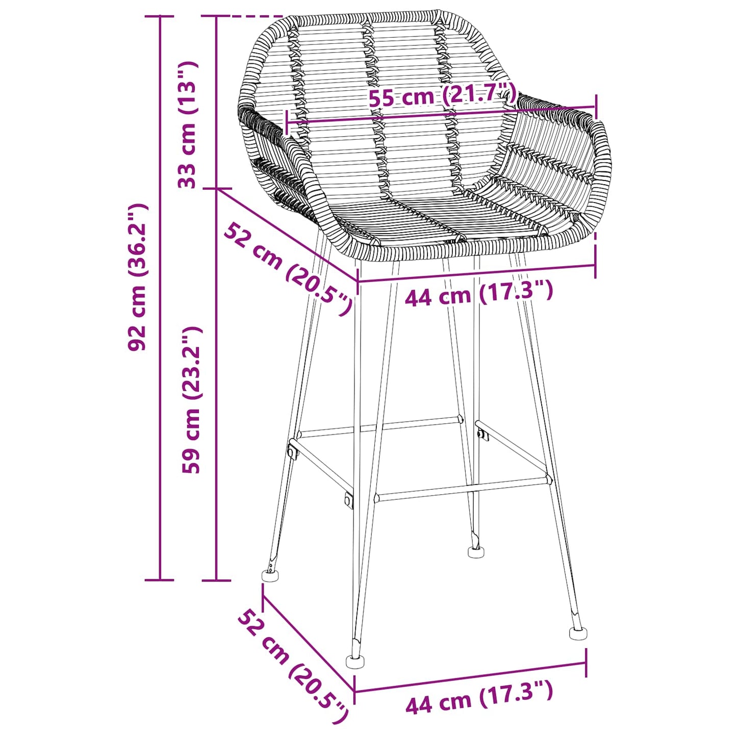 Sedia da Bar 2 pcs 55 x 52 x 92 cm Rattan e Ferro