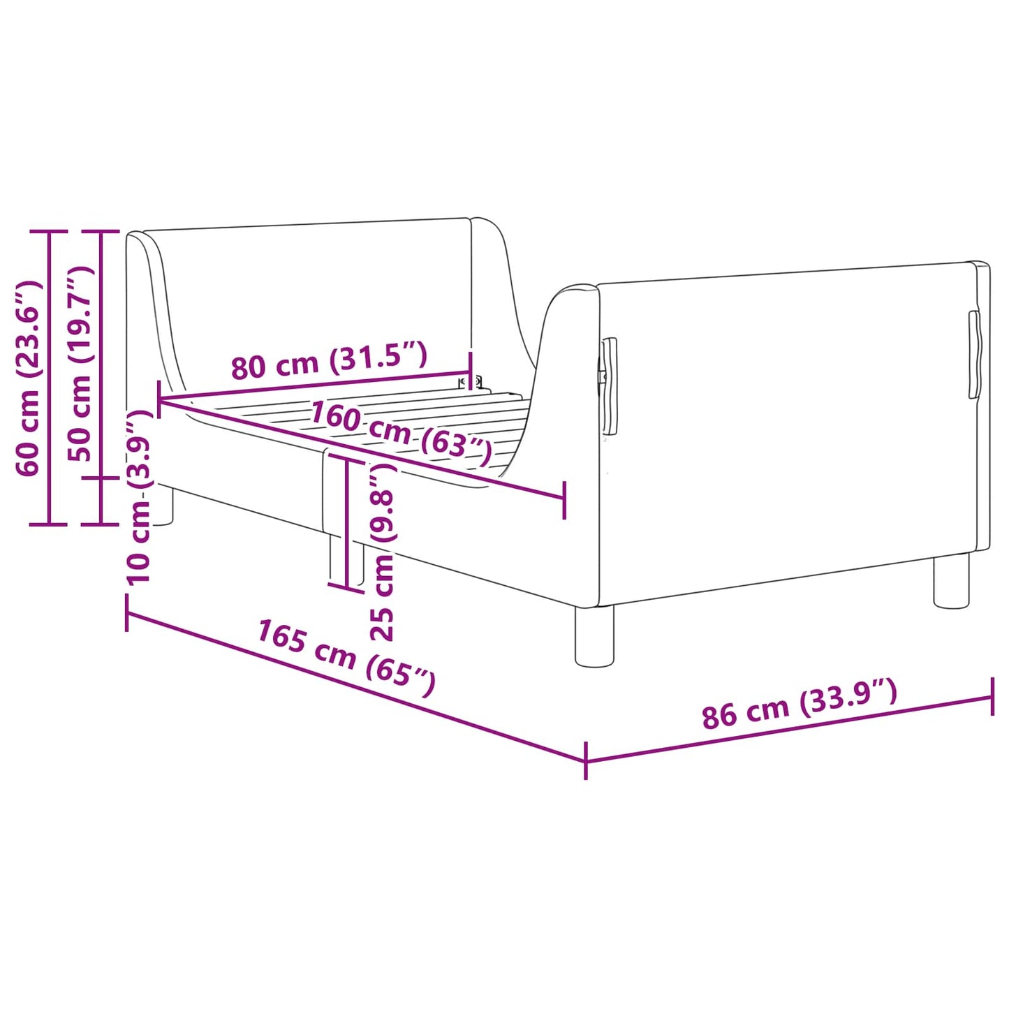 Struttura letto bambini con testata Rosa 80 x 160 cm Velluto