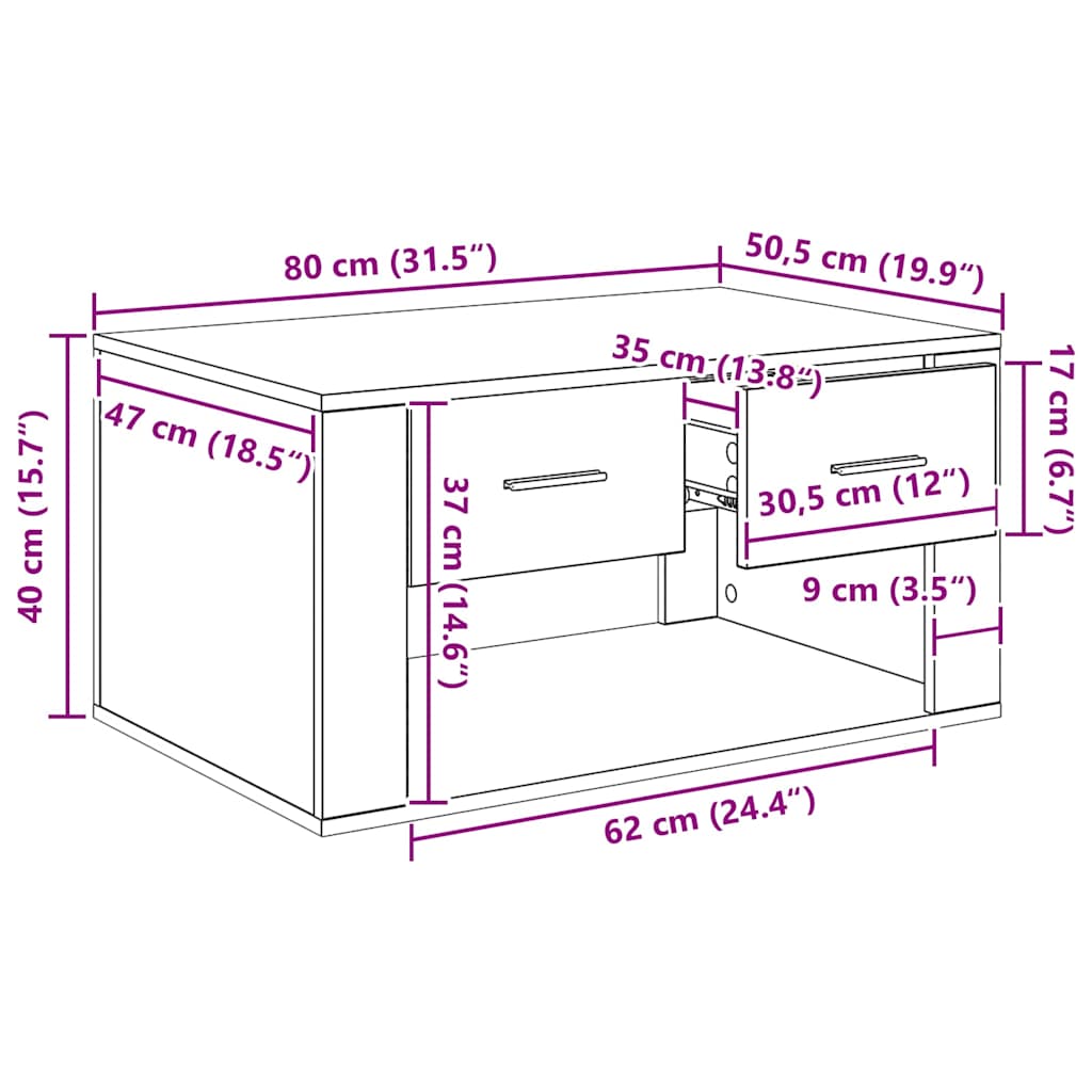 Tavolino da salotto con cassetto Rovere Nero 80 x 50 x 40 cm