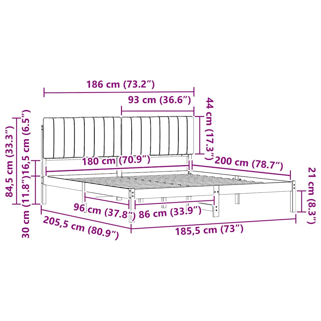 Letto con Testiera Rivestita Nero 180 x 200 cm Pino massello
