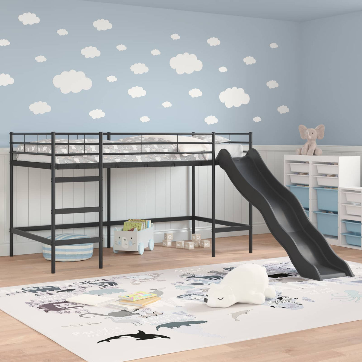 Letto loft per bambini con scivolo Tinta unita Nero e antracite | homemem39