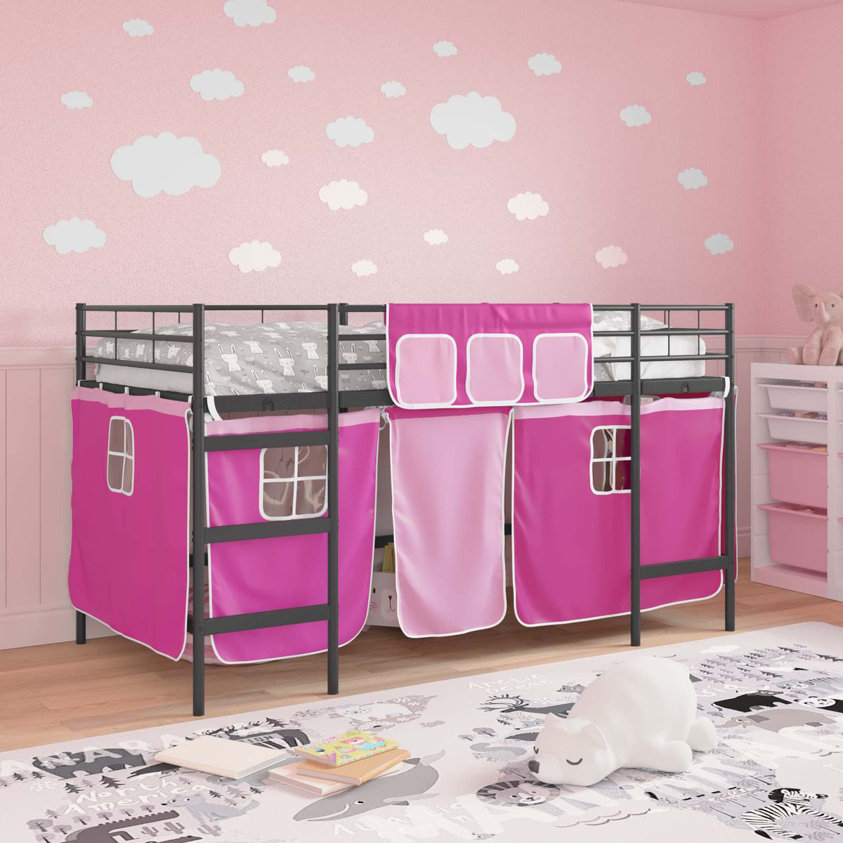 Struttura del Letto Loft per Bambini con Tendine Nero e rosa | homemem39