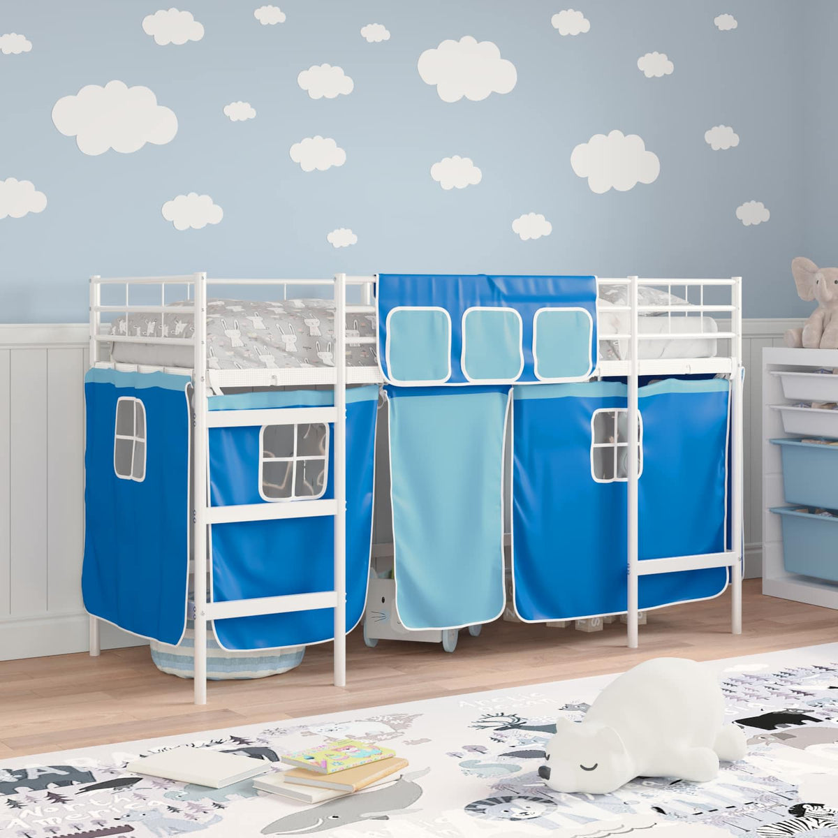 Struttura del Letto Loft per Bambini con Tendine Bianco e Blu | homemem39