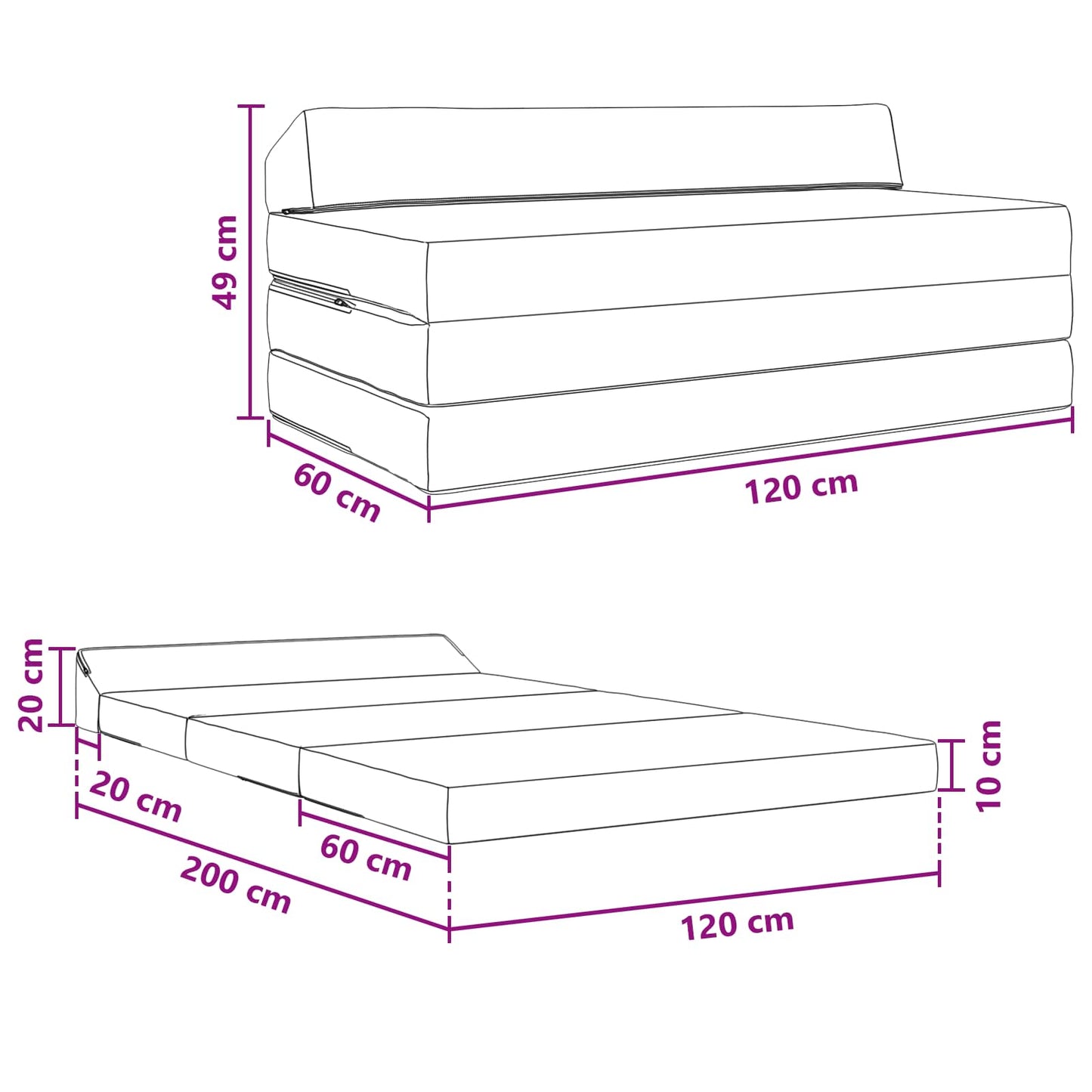 Divano Letto Pieghevole Nero 120 x 60 x 49 cm Tessuto