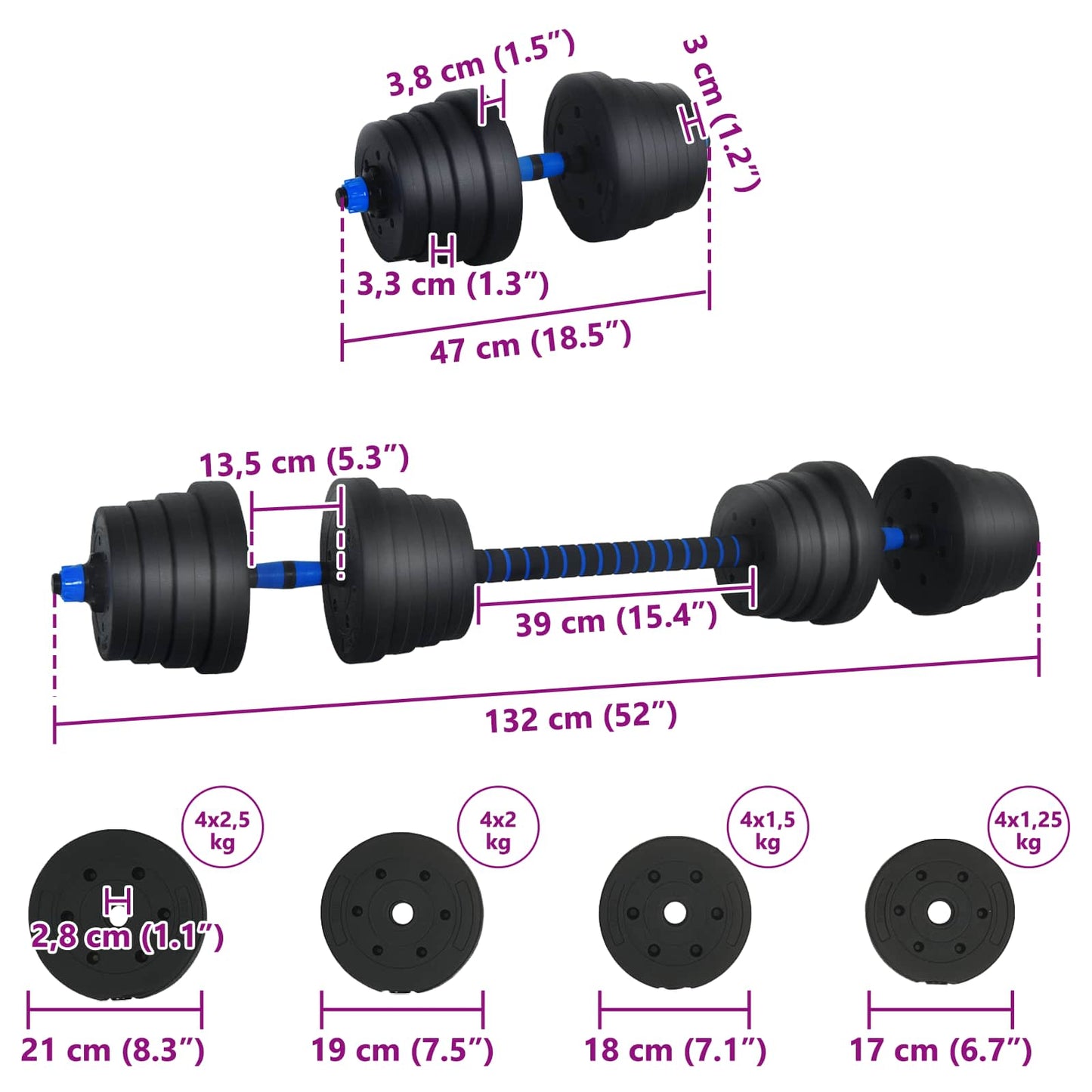 Set Manubri e Bilanciere 2-in-1 30 kg Nero e Blu | homemem39