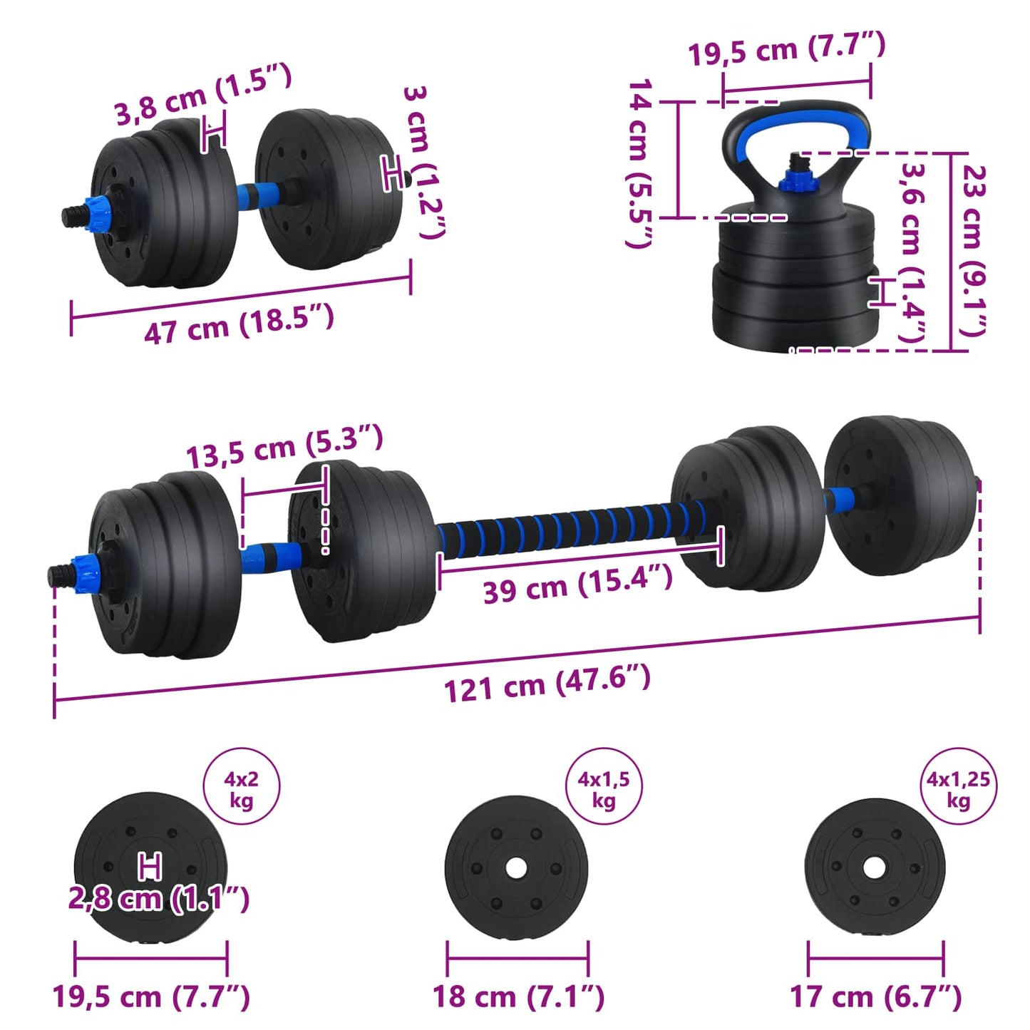 Set di manubri, bilanciere e kettlebell 4-in-1 20 kg Nero e Blu | homemem39