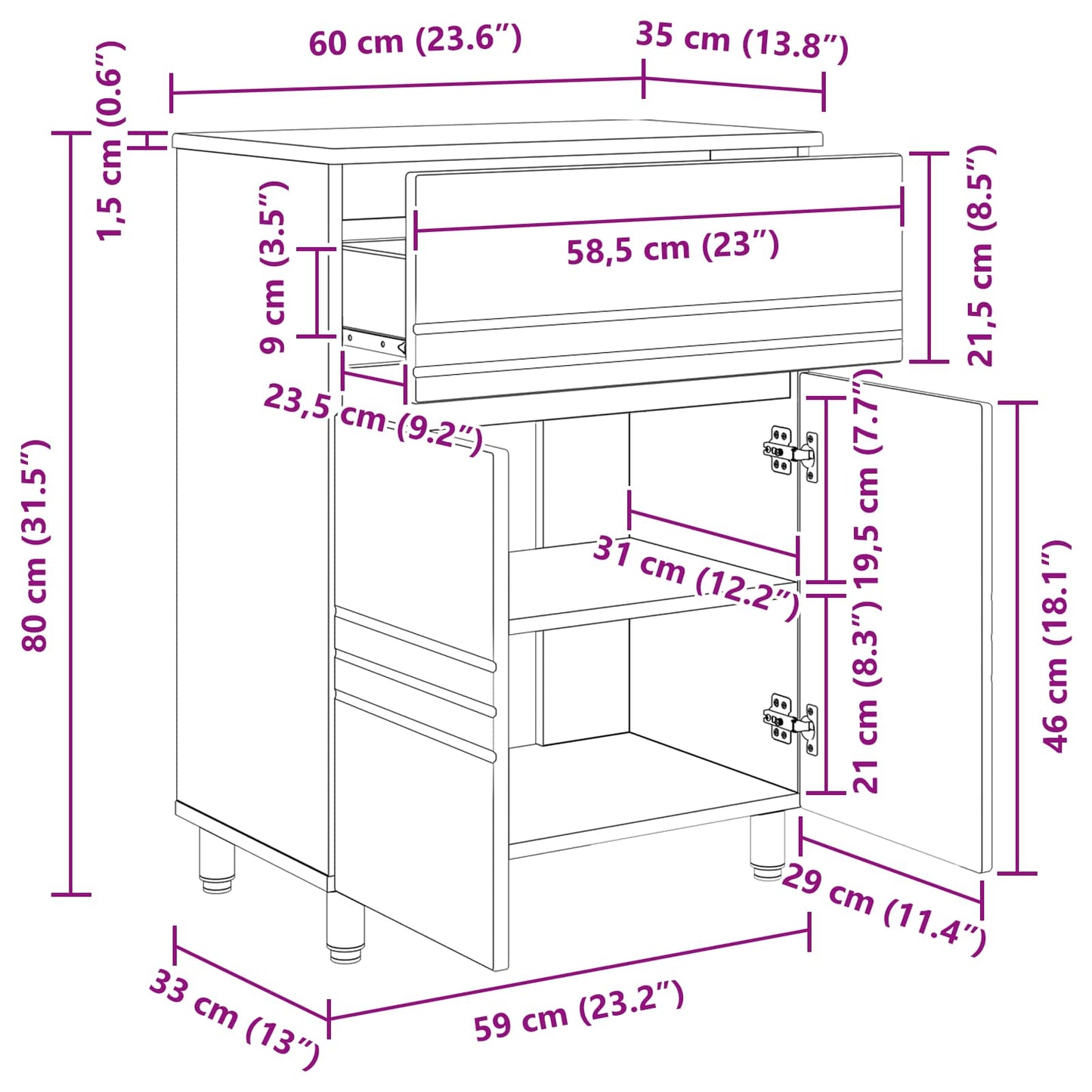 Mobiletto da bagno Rovere Fumo 60 x 35 x 80 cm | homemem39
