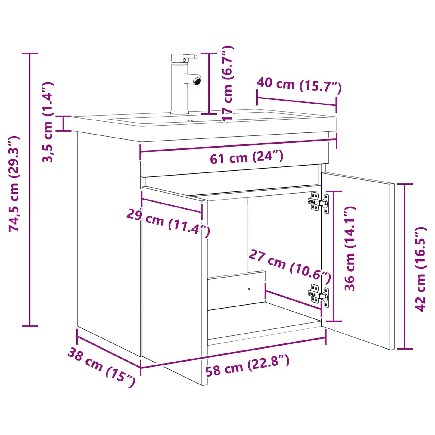 Mobile bagno con rubinetto Rovere Fumo 61 x 40 x 74,5 cm | homemem39