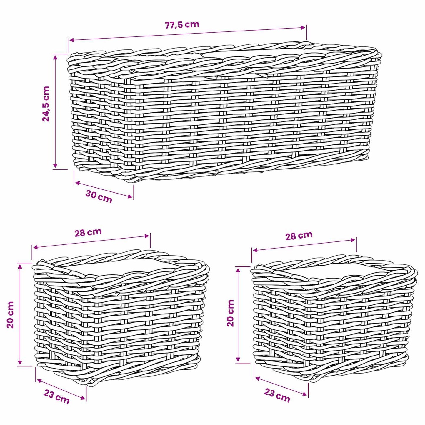 Cestino da Vaso 3 pz Grigio naturale Rattan Kubu