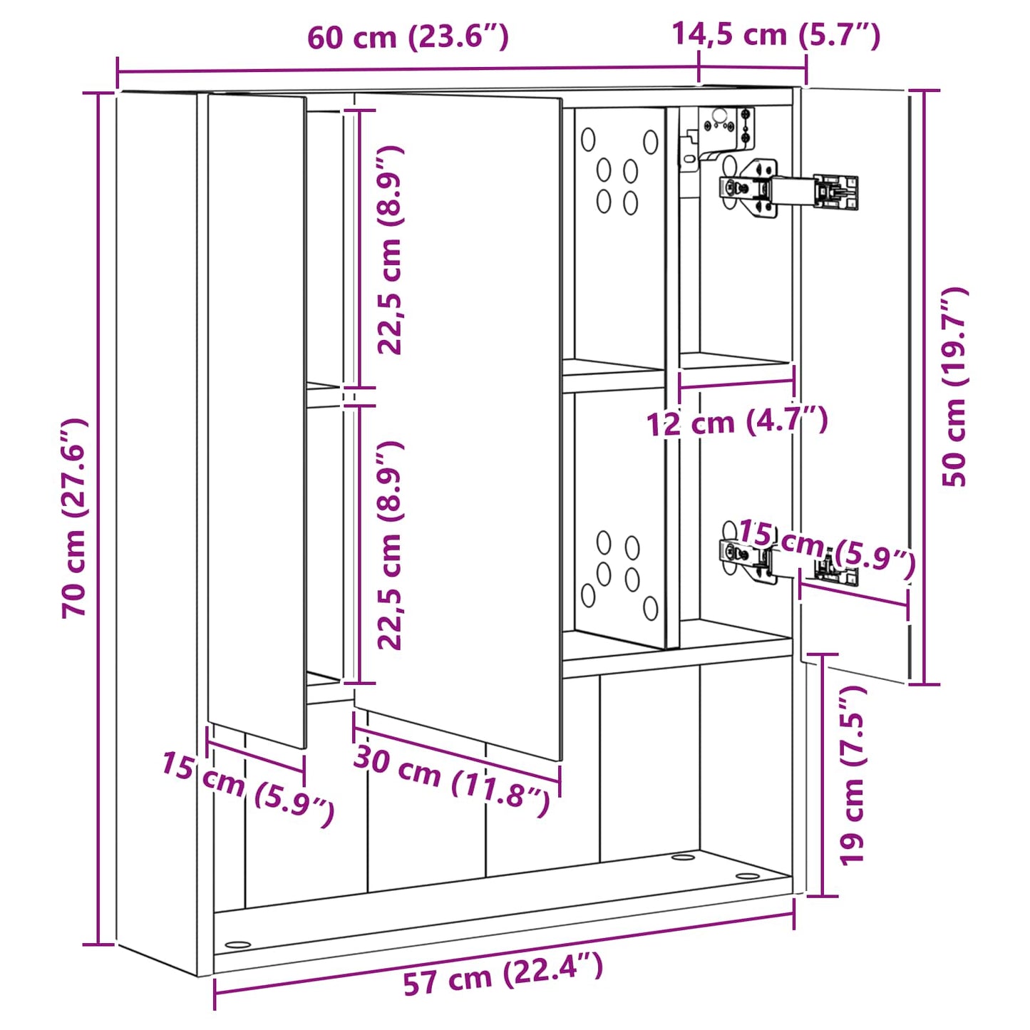 Mobiletto per specchio da bagno Rovere fumé 60 x 14.5 x 70 cm
