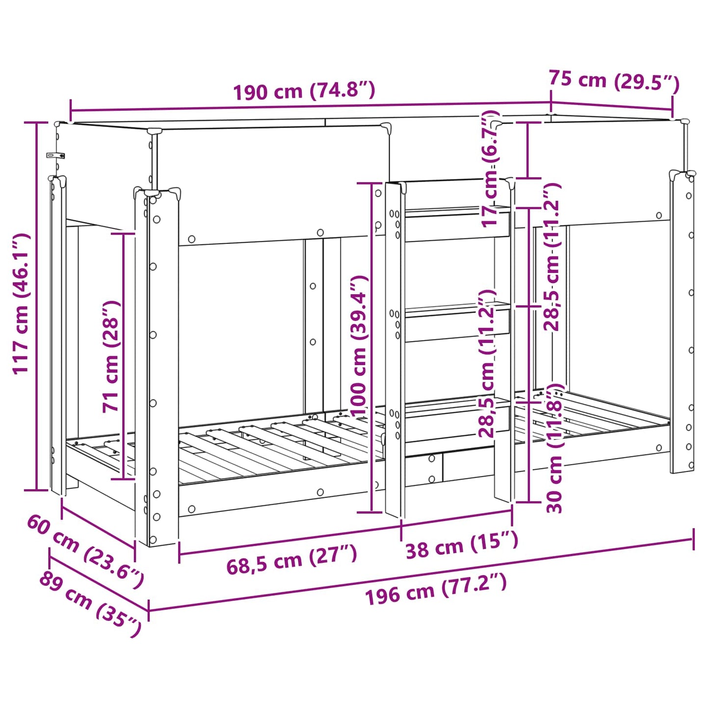 Letto a Castello per Bambini Rovere fumé 75 x 190 cm | homemem39