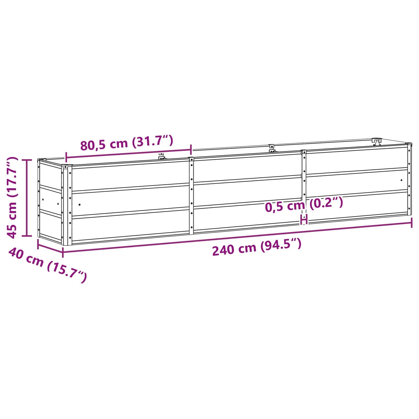 Fioriera Antracite 240 x 40 x 45 cm Acciaio