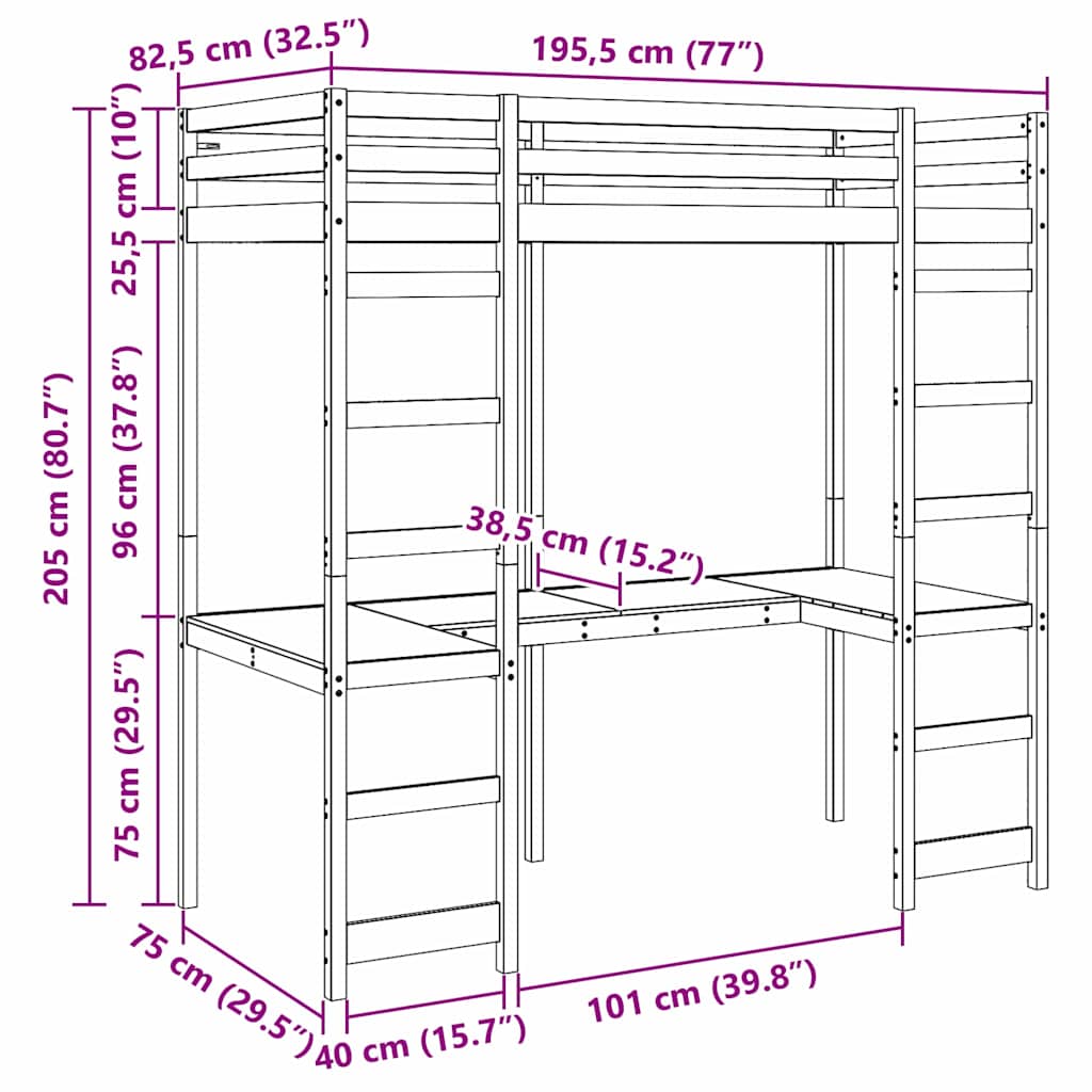 Struttura per letto soppalco Naturale 75 x 190 cm Pino massello | homemem39