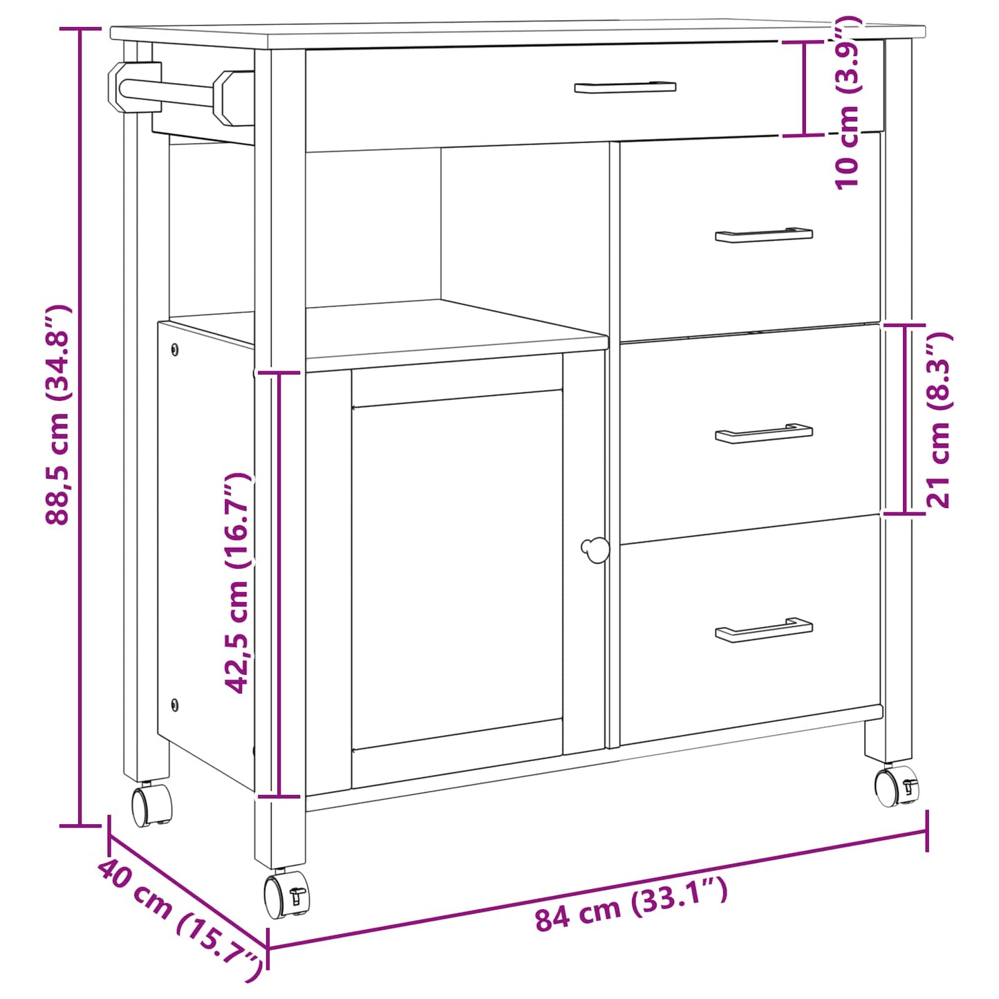 Carrello da Cucina Nero 88,5 x 40 x 84 cm