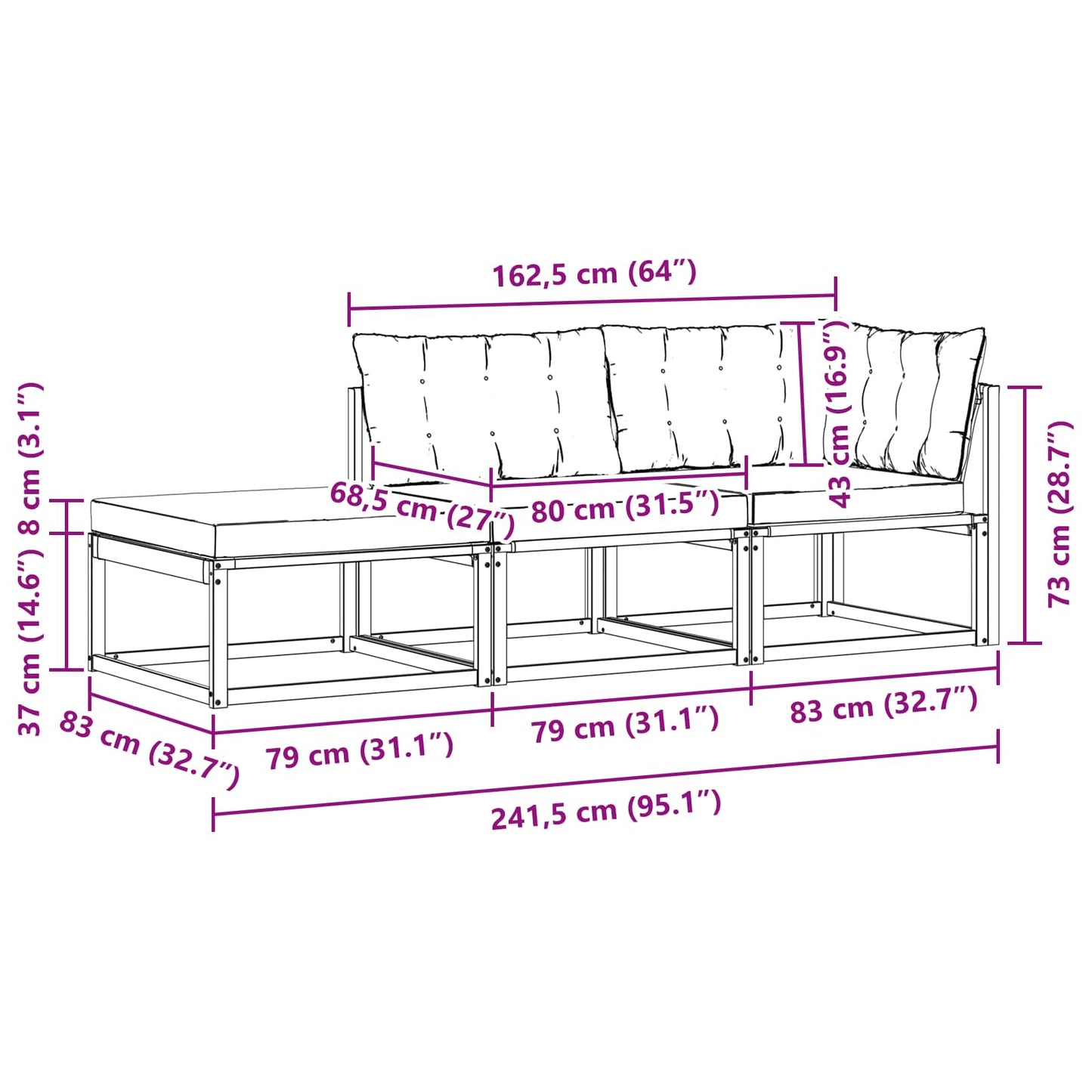 Unità Divano Sezionale con cuscino Bianco 241,5 x 83 x 73 cm