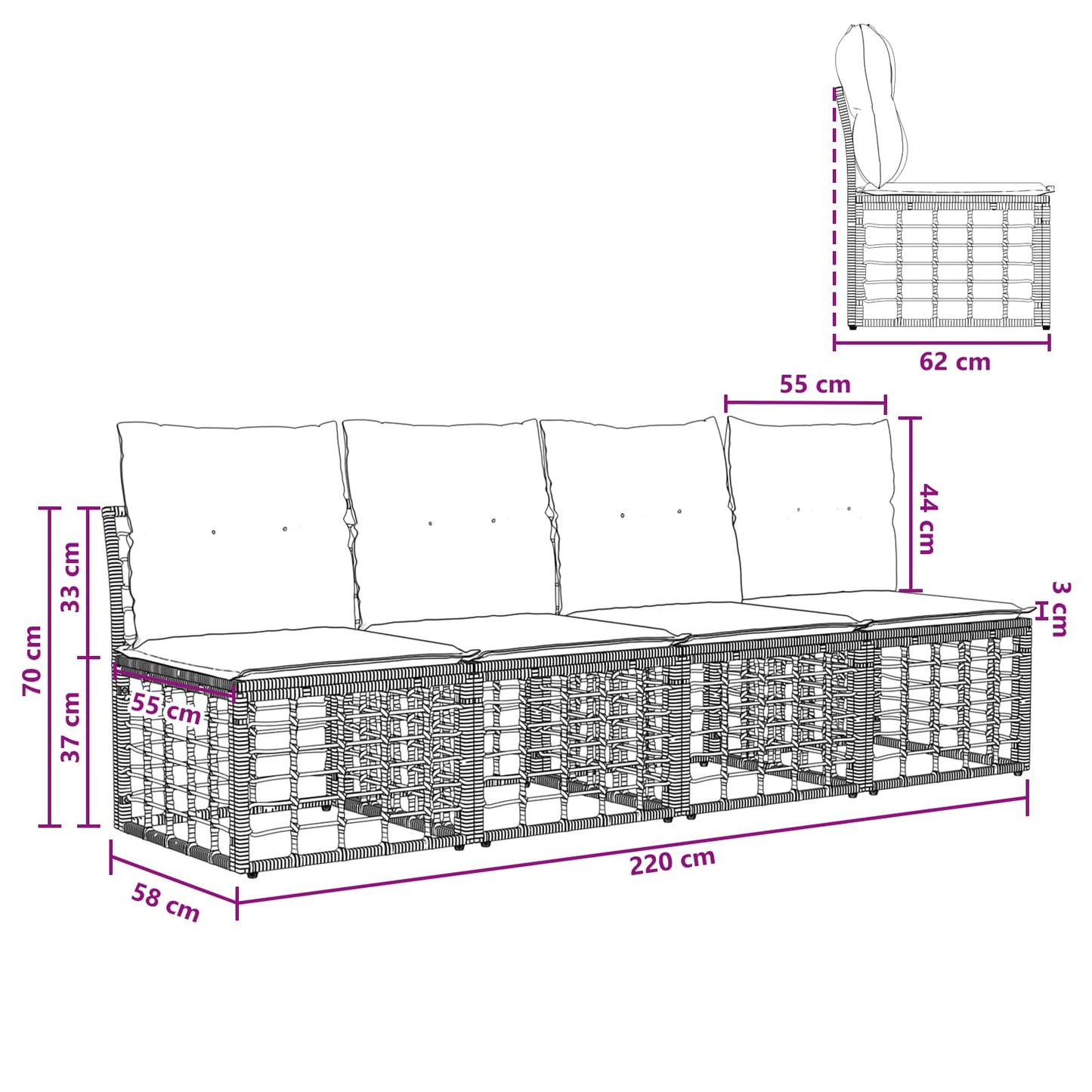 Divano da Giardino 4 Posti Senza Braccioli 4 pcs