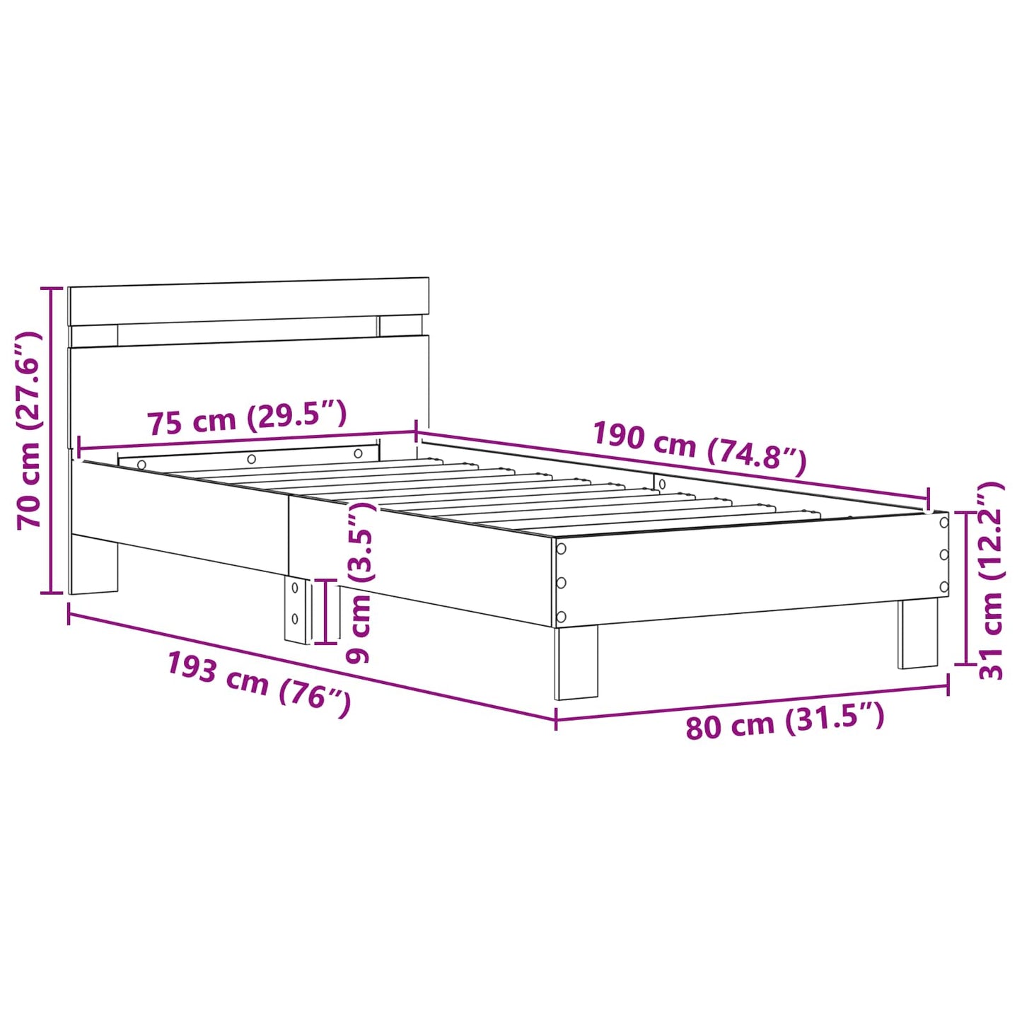Struttura del letto Rovere Nero 75 x 190 cm Legno multistrato | homemem39