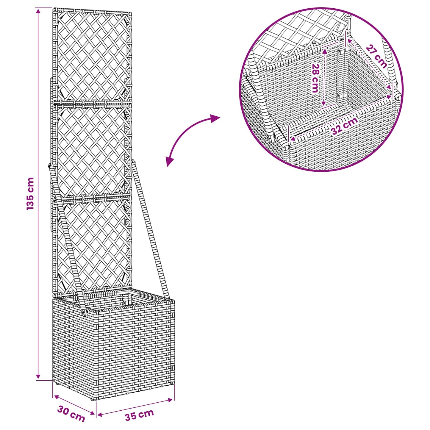 Vaso da Giardino con Trellis Grigio 35 x 30 x 135 cm polyrattan