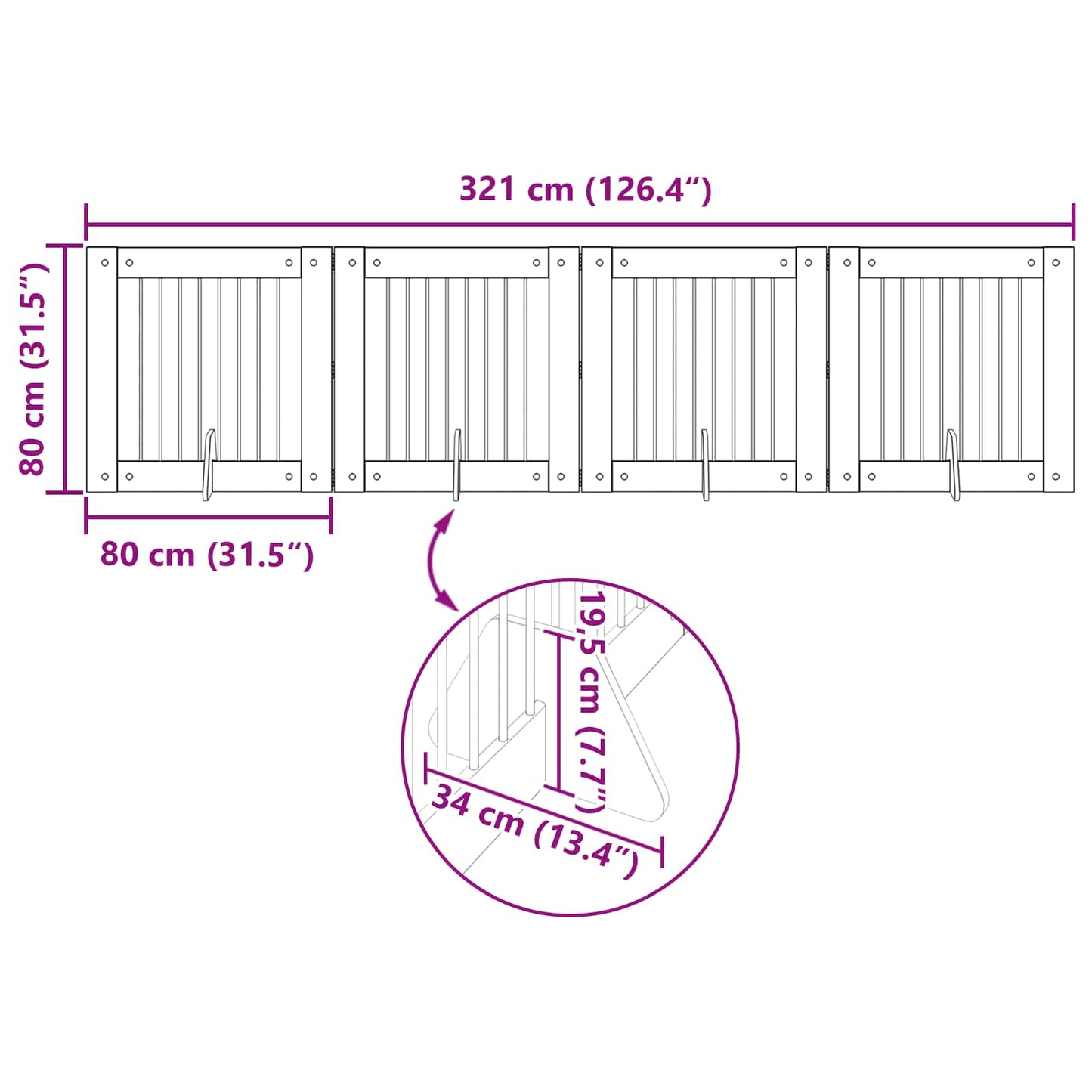 Cancello per cani pieghevole con supporti 4 pcs 321 cm