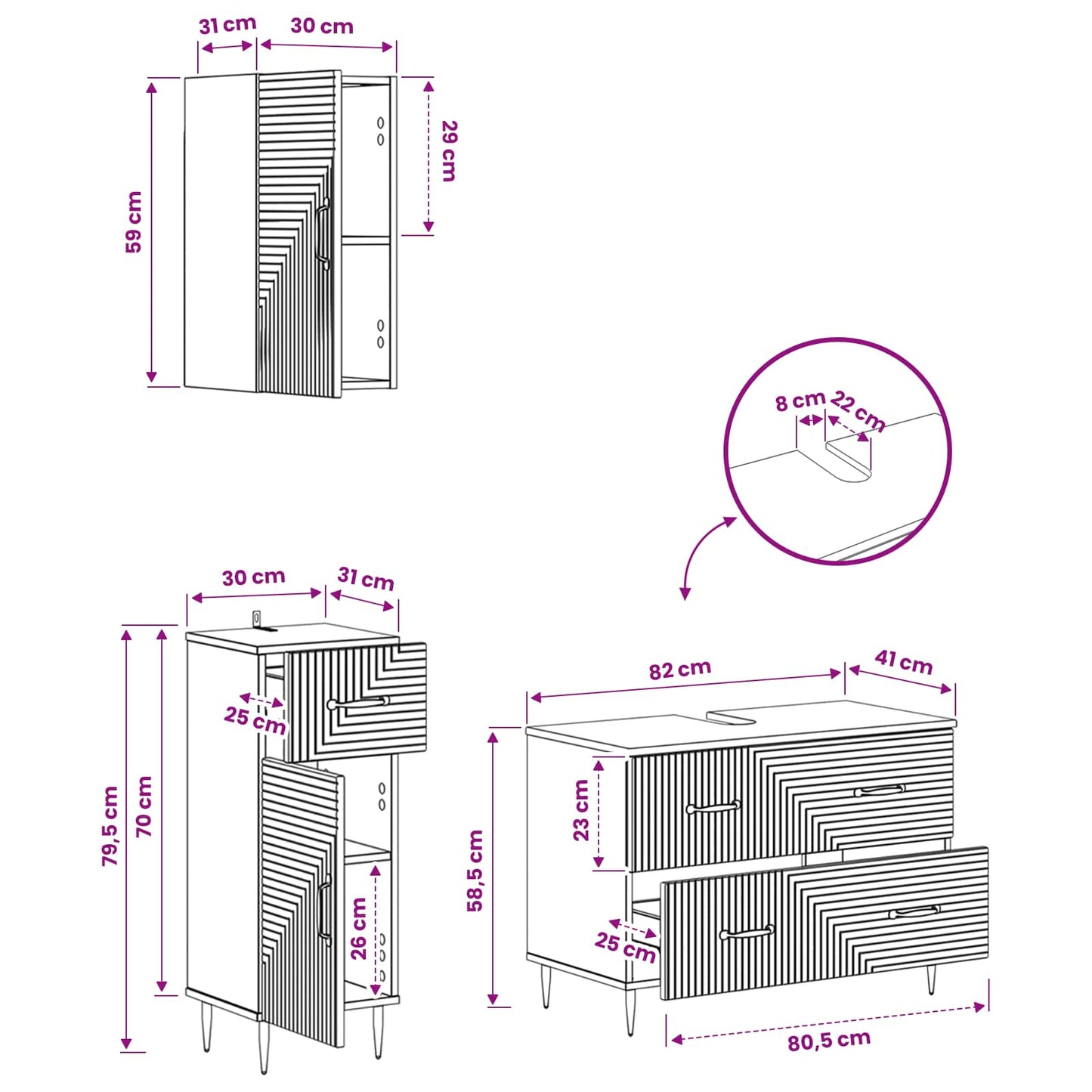 Set di armadietti da bagno in 3 pezzi HAARLEM Sonoma grigio