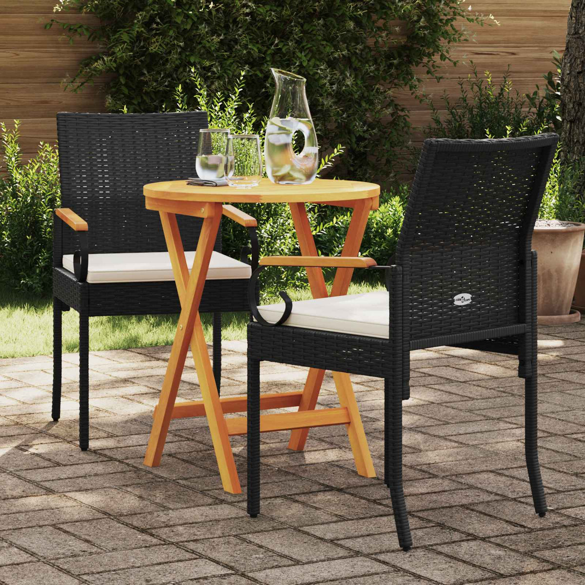 Sedie da giardino 2 pz Nero e Bianco Crema Polyrattan e acacia - homemem39