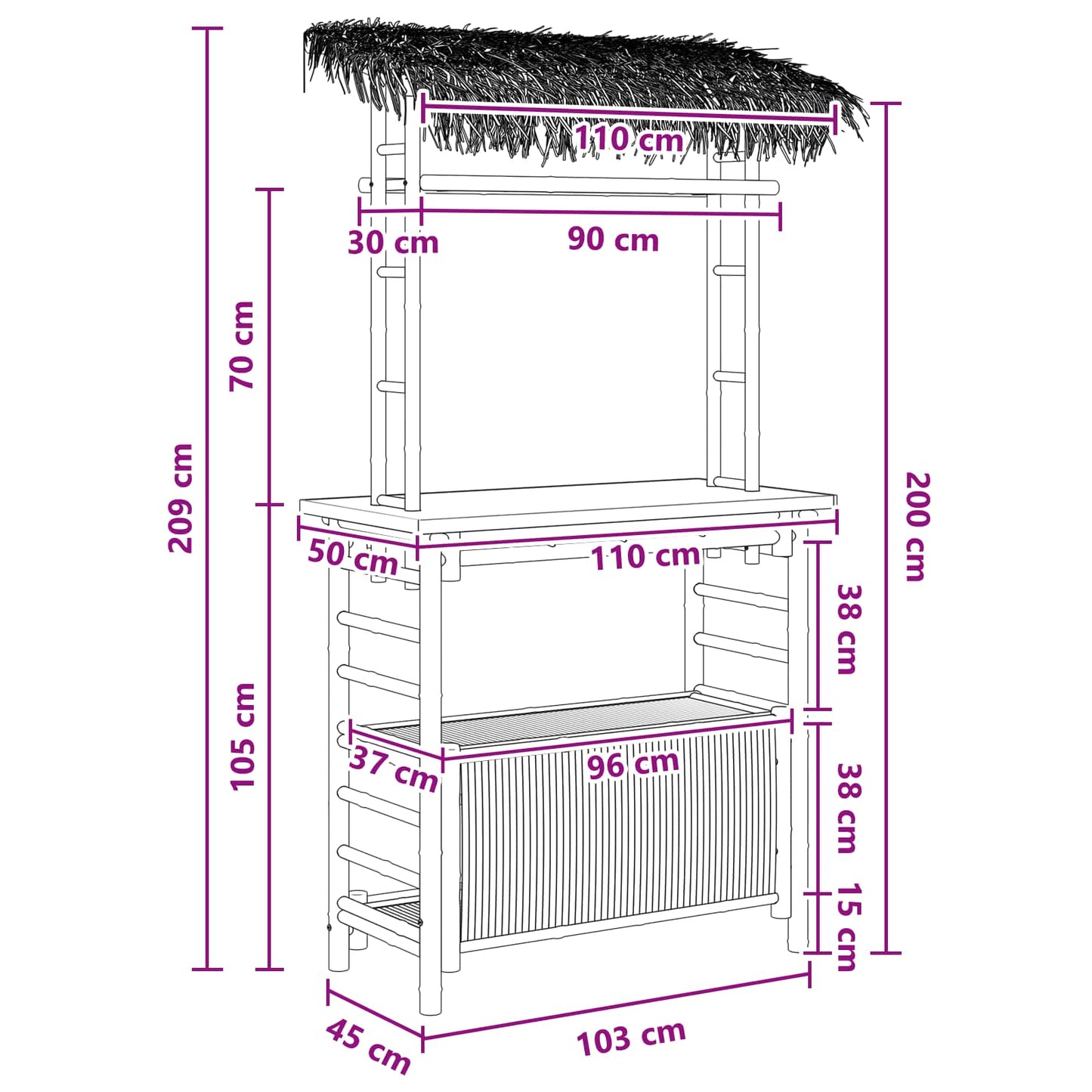 Tavolo da bar da esterno Naturale 110 x 50 x 209 cm Bambù
