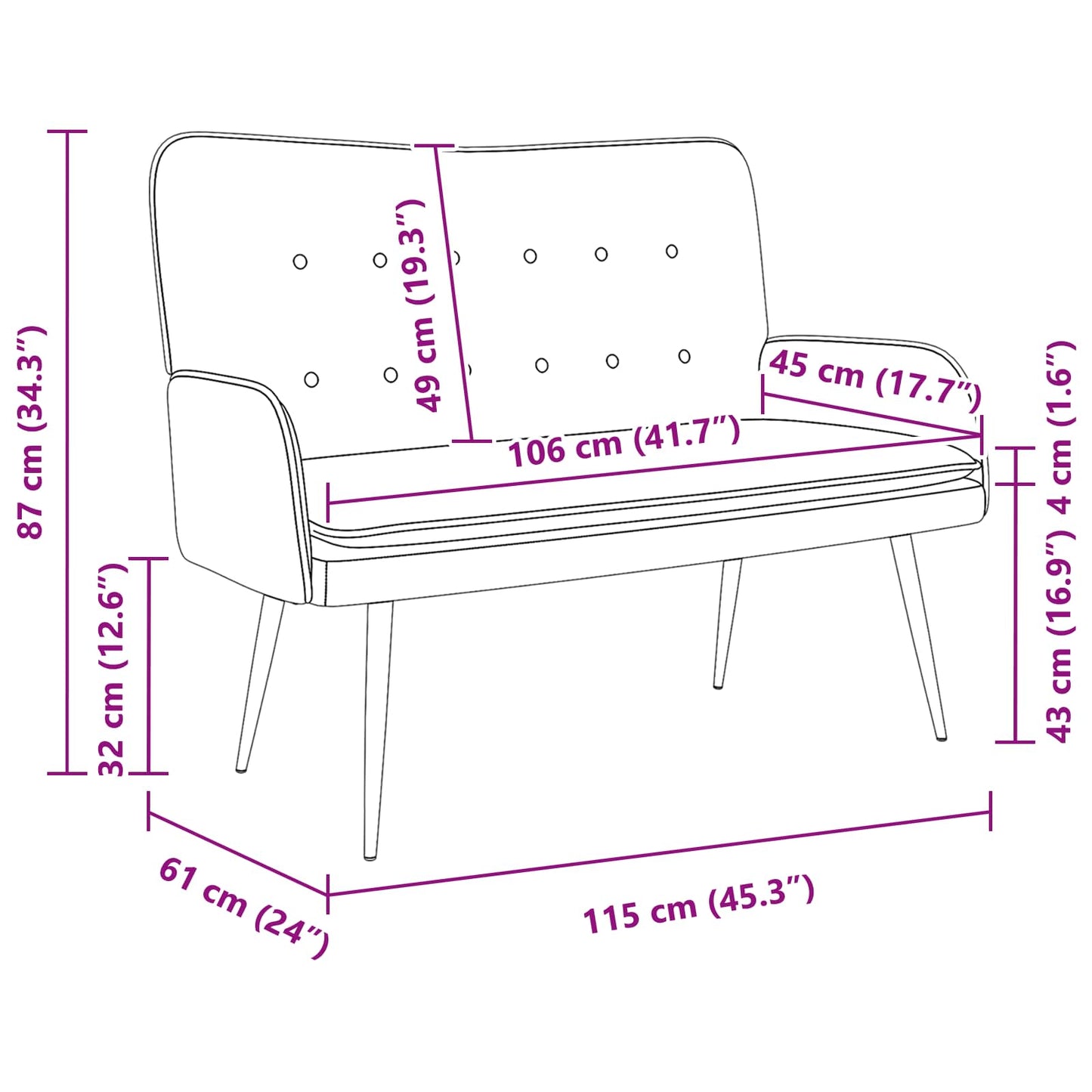 Divano a 2 Posti Bianco 115 x 61 x 87 cm Tessuto | homemem39