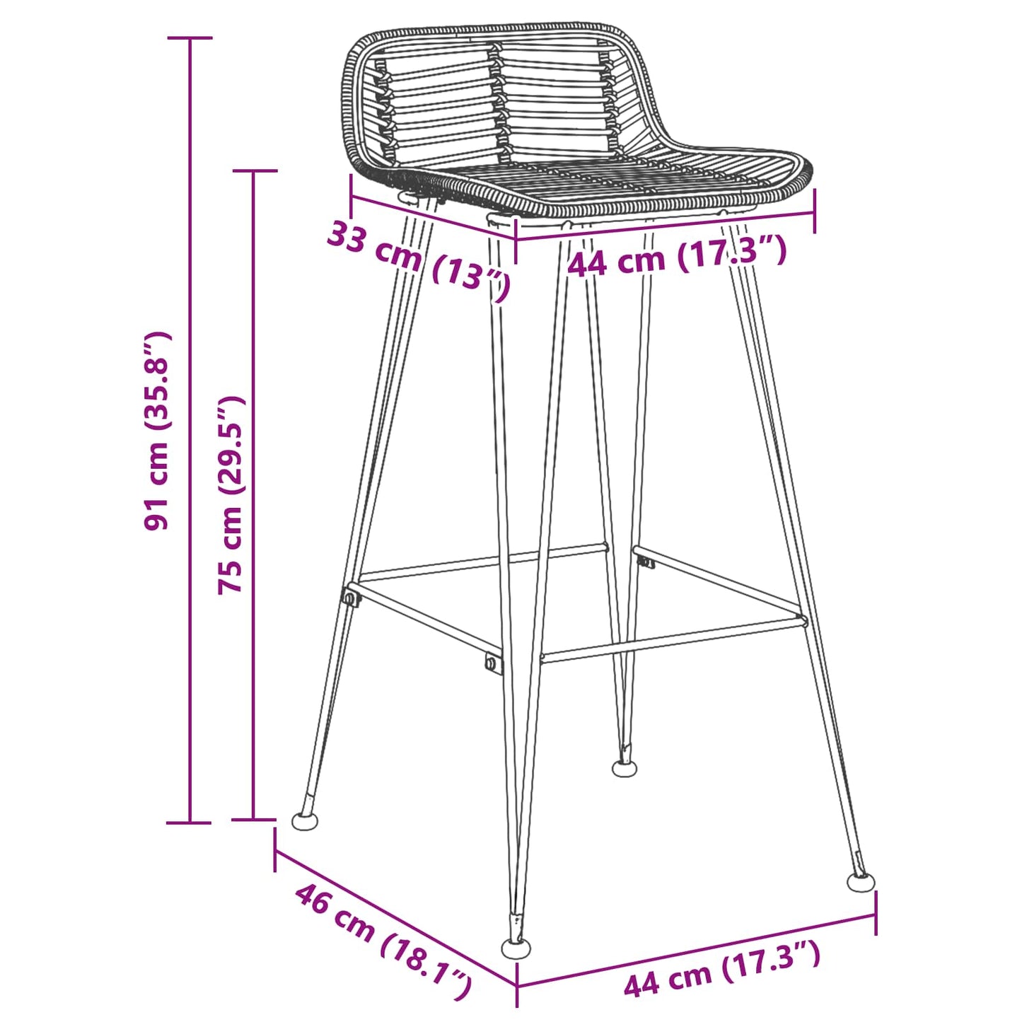 Sedia da Bar 44 x 46 x 91 cm Asta di ferro di diametro 10mm | homemem39