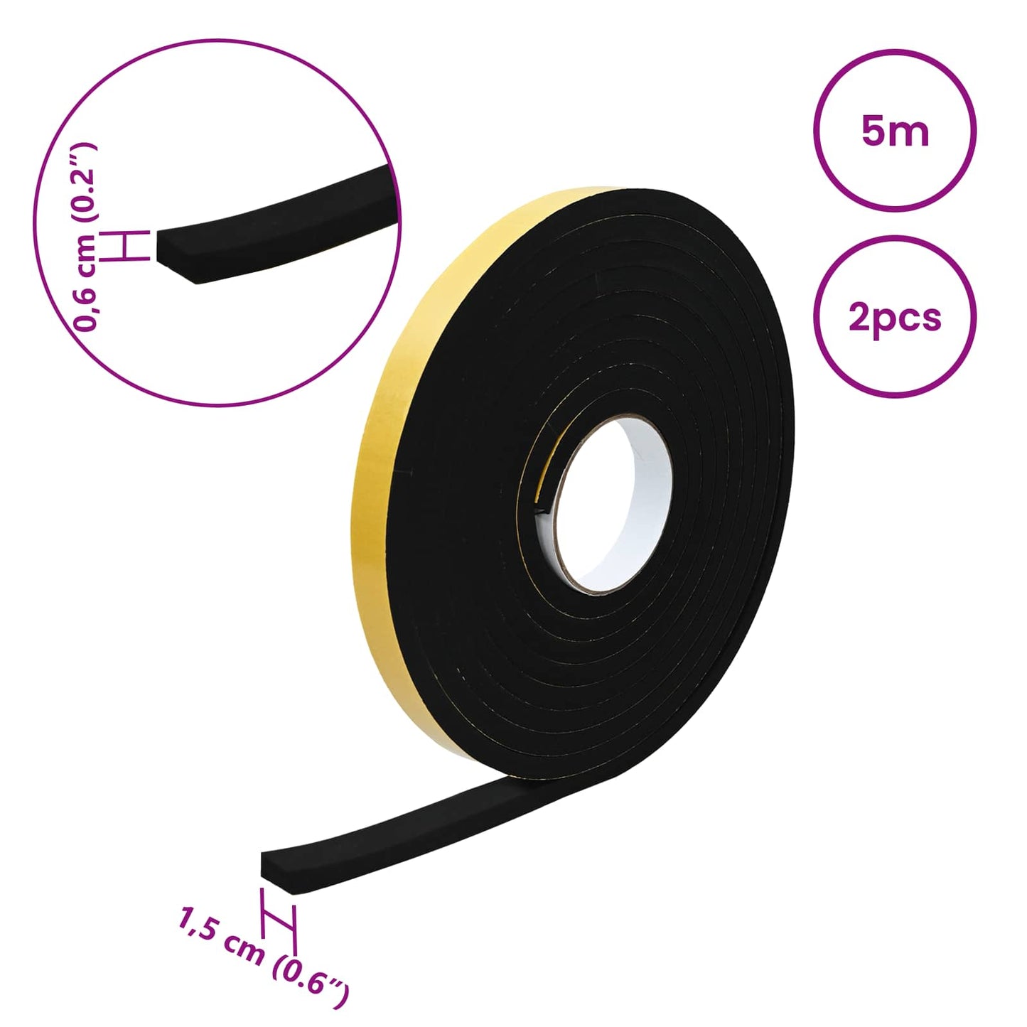 Nastro adesivo in schiuma 2 pcs Nero 15mm x 5m Schiuma CR | homemem39