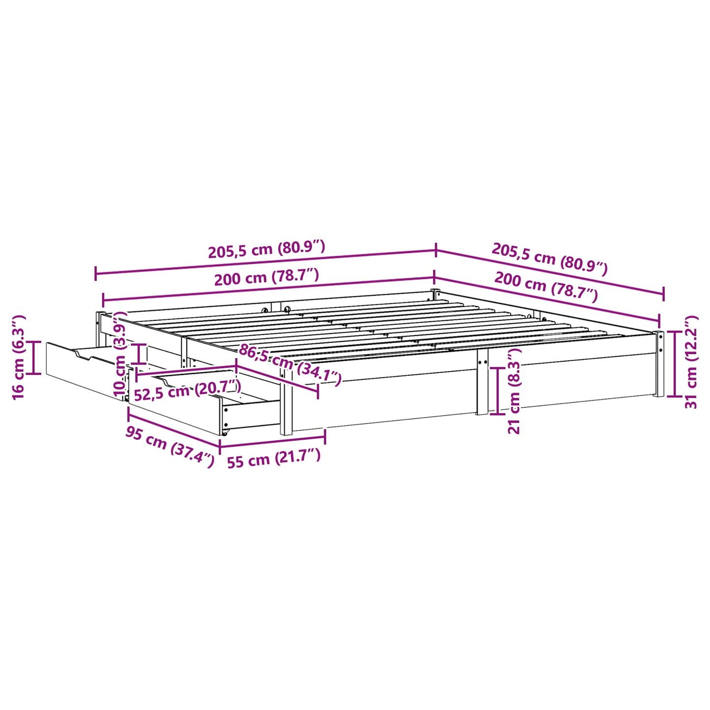 Struttura del letto con cassetto Marrone cerato 200 x 200 cm | homemem39