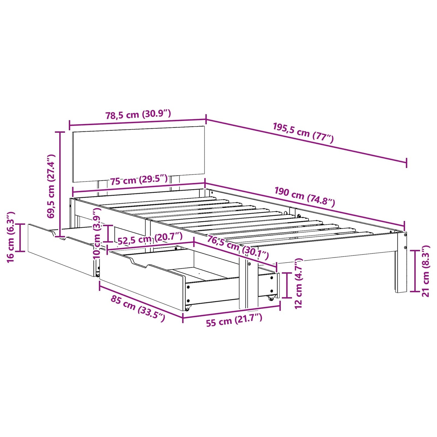 Struttura del letto con testiera Marrone cerato 70 x 190 cm | homemem39