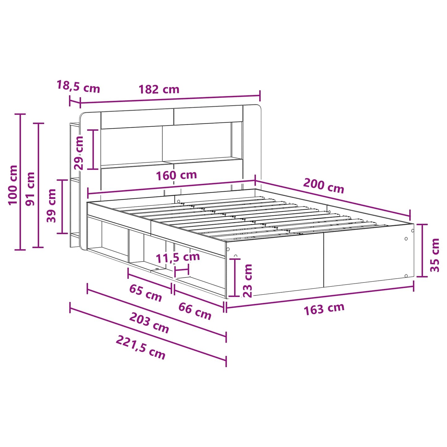 Telaio del letto con storage Sonoma grigio 160 x 200 cm | homemem39