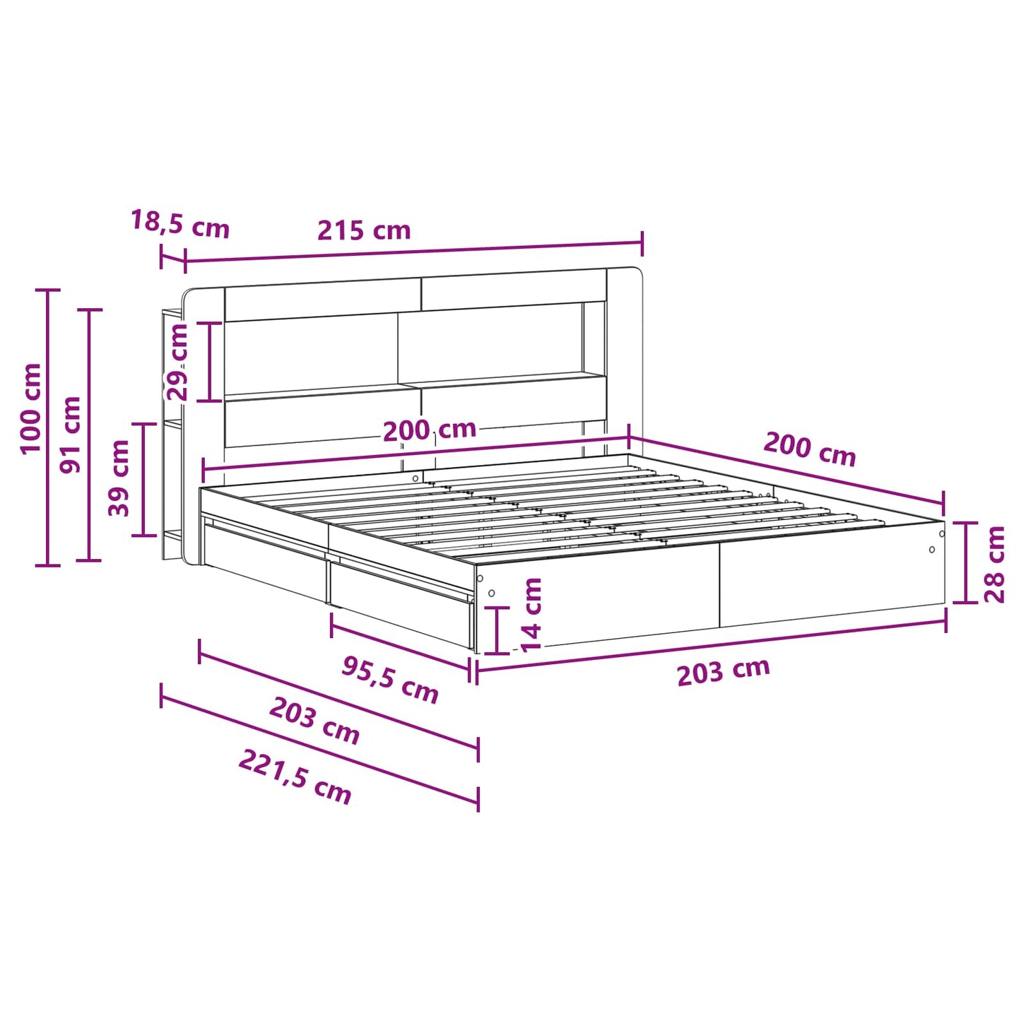 Telaio del letto con storage Sonoma grigio 200 x 200 cm | homemem39