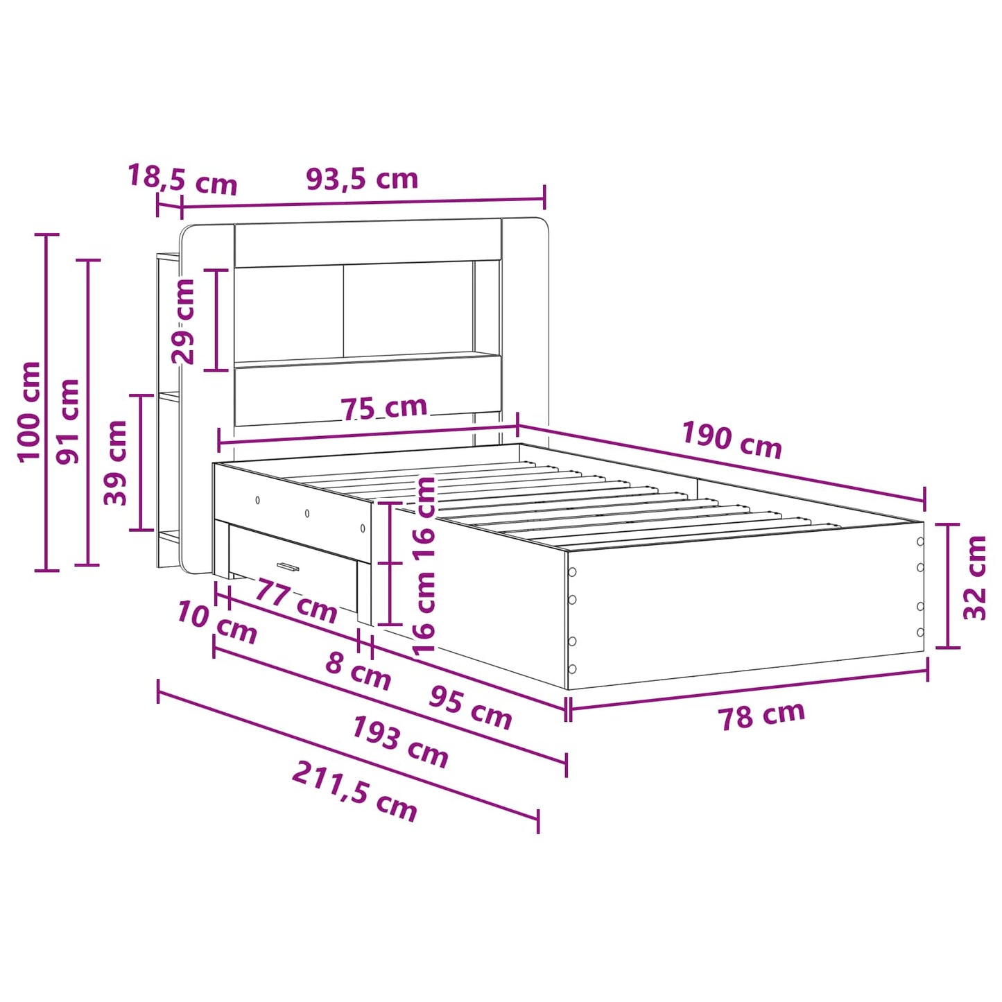 Telaio del letto con storage con testiera Nero 75 x 190 cm | homemem39