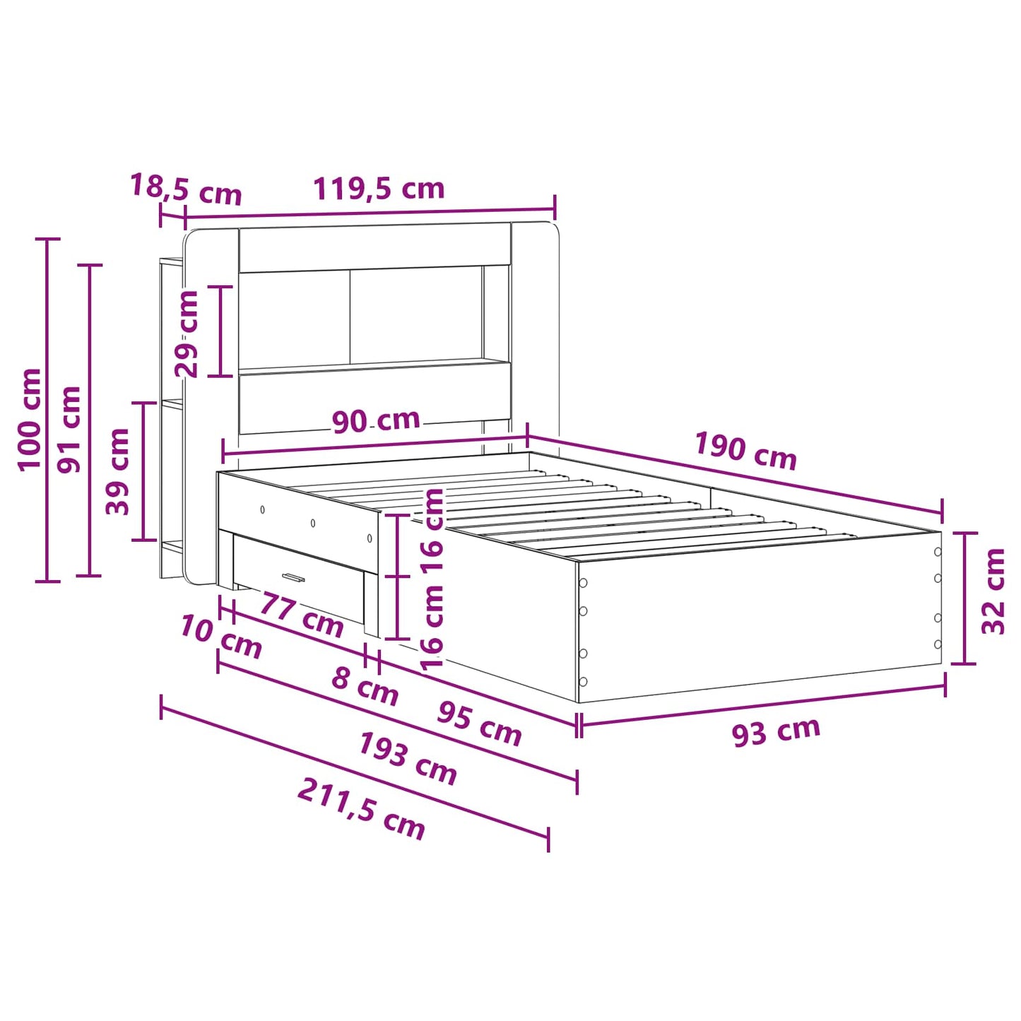 Telaio del letto con storage Sonoma grigio 90 x 190 cm | homemem39