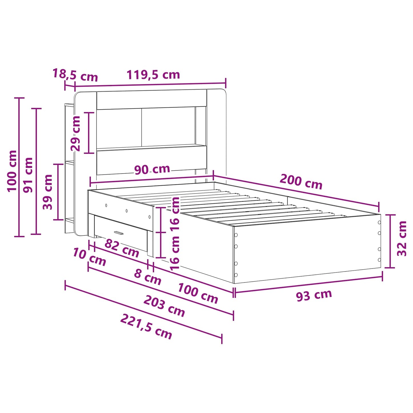Telaio del letto con storage Sonoma grigio 90 x 200 cm | homemem39